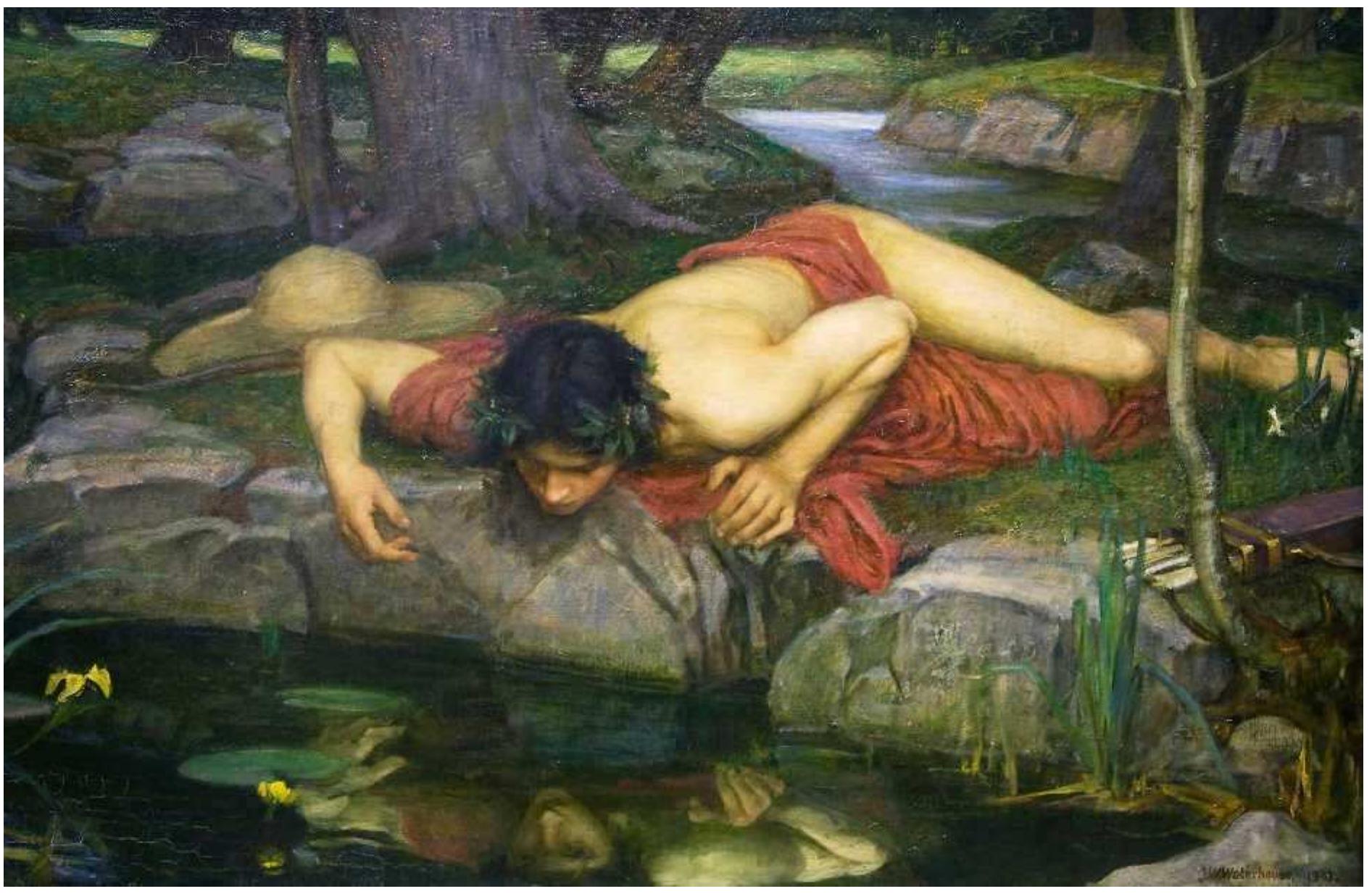 Detail from Echo and Narcissus (showing Narcissus), by John William Waterhouse, 1903. In antiquity, the most common mirror was the surface of water, as is recalled in the story of Narcissus, who saw his own reflection in a pool and fell in love with it. In the Secret Book of John, when God the Father sees his own reflection in illuminated water, the reflection looks back, as reflections do, and conceives from the Father when their gazes meet. This is possible because the reflection is an androgynous, and hence also female, image of the divine Father. The reflection is consequently spoken of as the Mother, and she gives birth to a son, who is anointed and thus becomes the Christ. The Christ's appearance completes the  divine triad of Father, Mother, and Son. BARRITT, PETER/SUPERSTOCK/ALAMY STOCK PHOTO. 