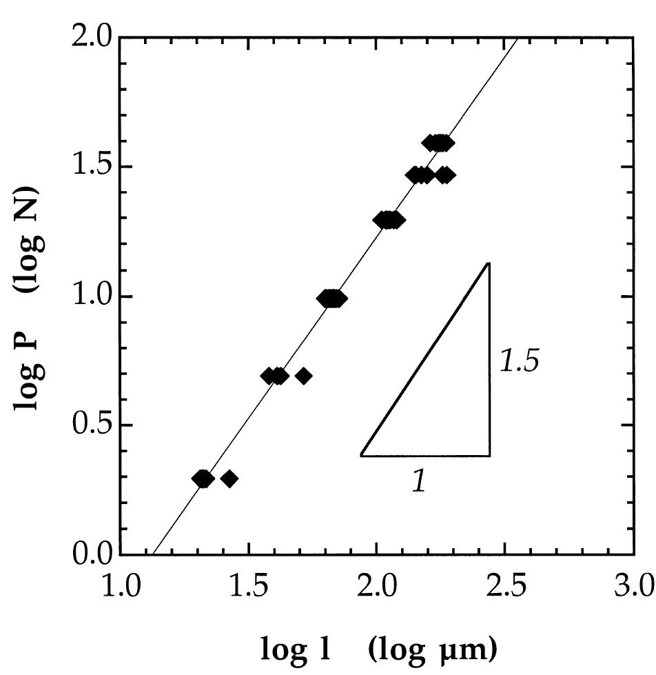 Plot of log p as a function of log / from indentation tests