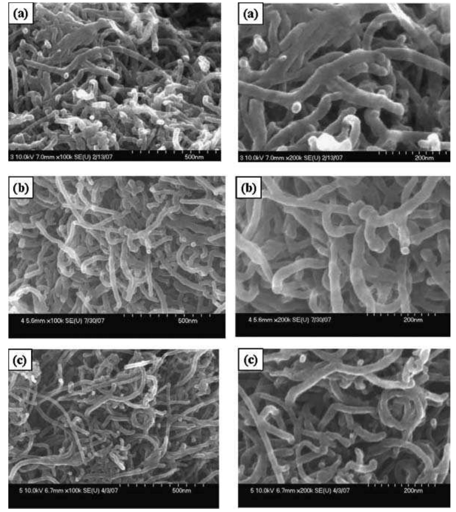 Figure 3. FE-SEM images of (a) 95/05, (b) 90/10, and (c) 80/20 PAni/c-MWNT nanocom- posites (each given at two magnifications). 