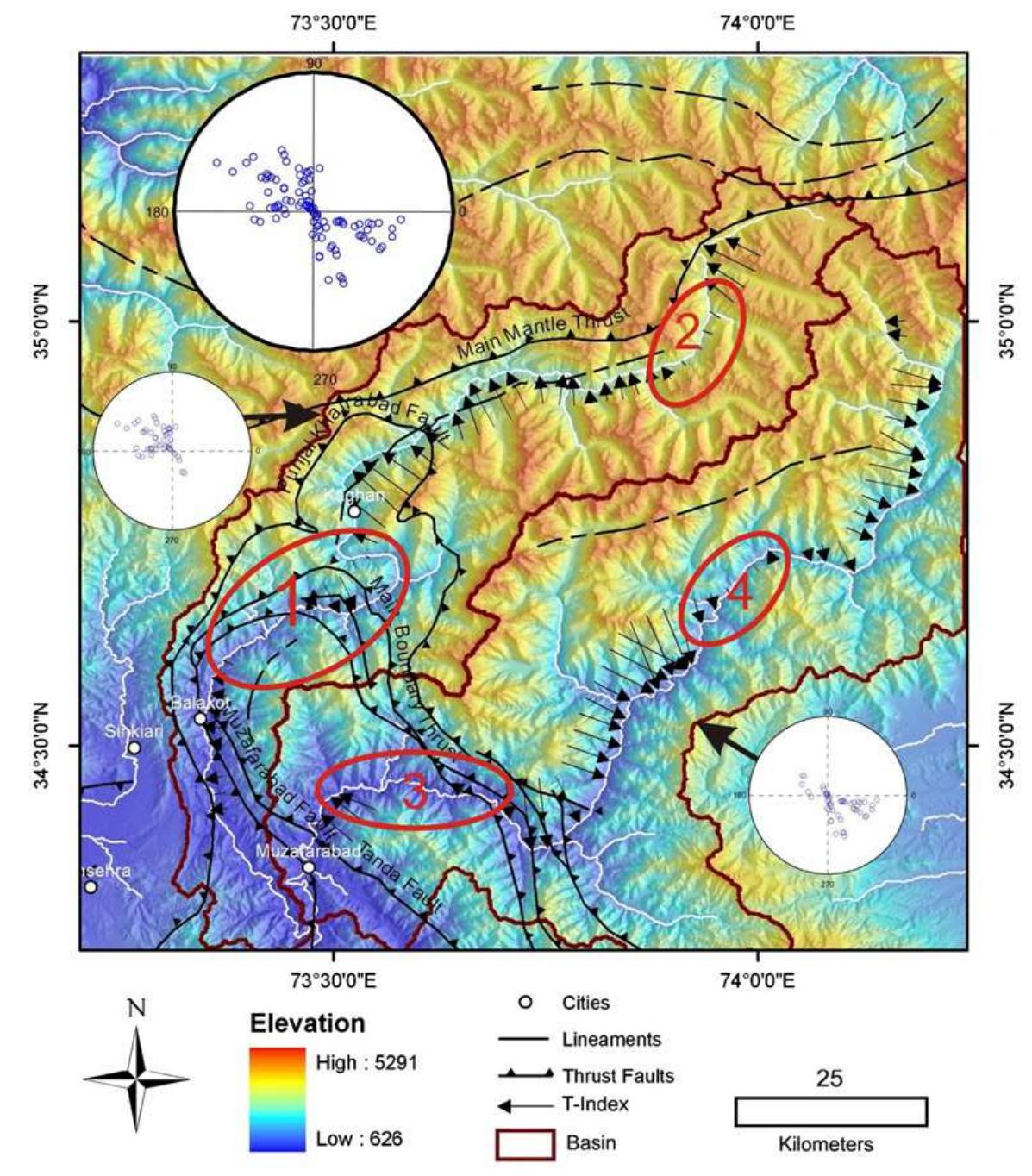 Basin asymmetry map of study area, inset top left shows a