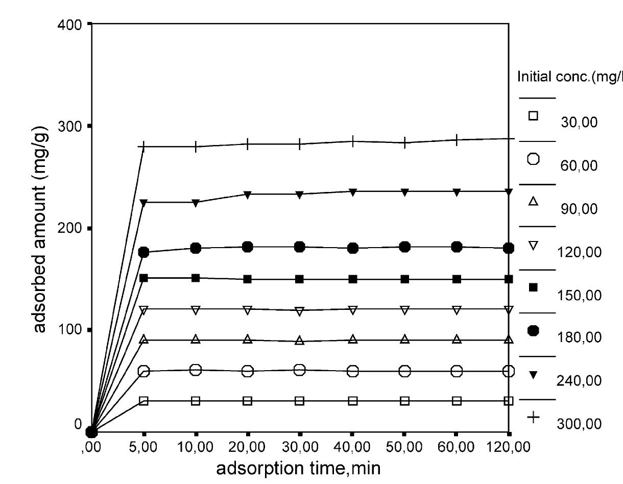 Fig. 1. The variation of CTAB adsorption with time at different initial CTAB concentrations at 298 K.
