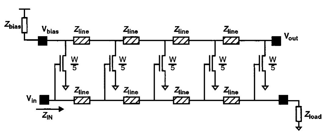 Five-stage distributed amplifier schematic.