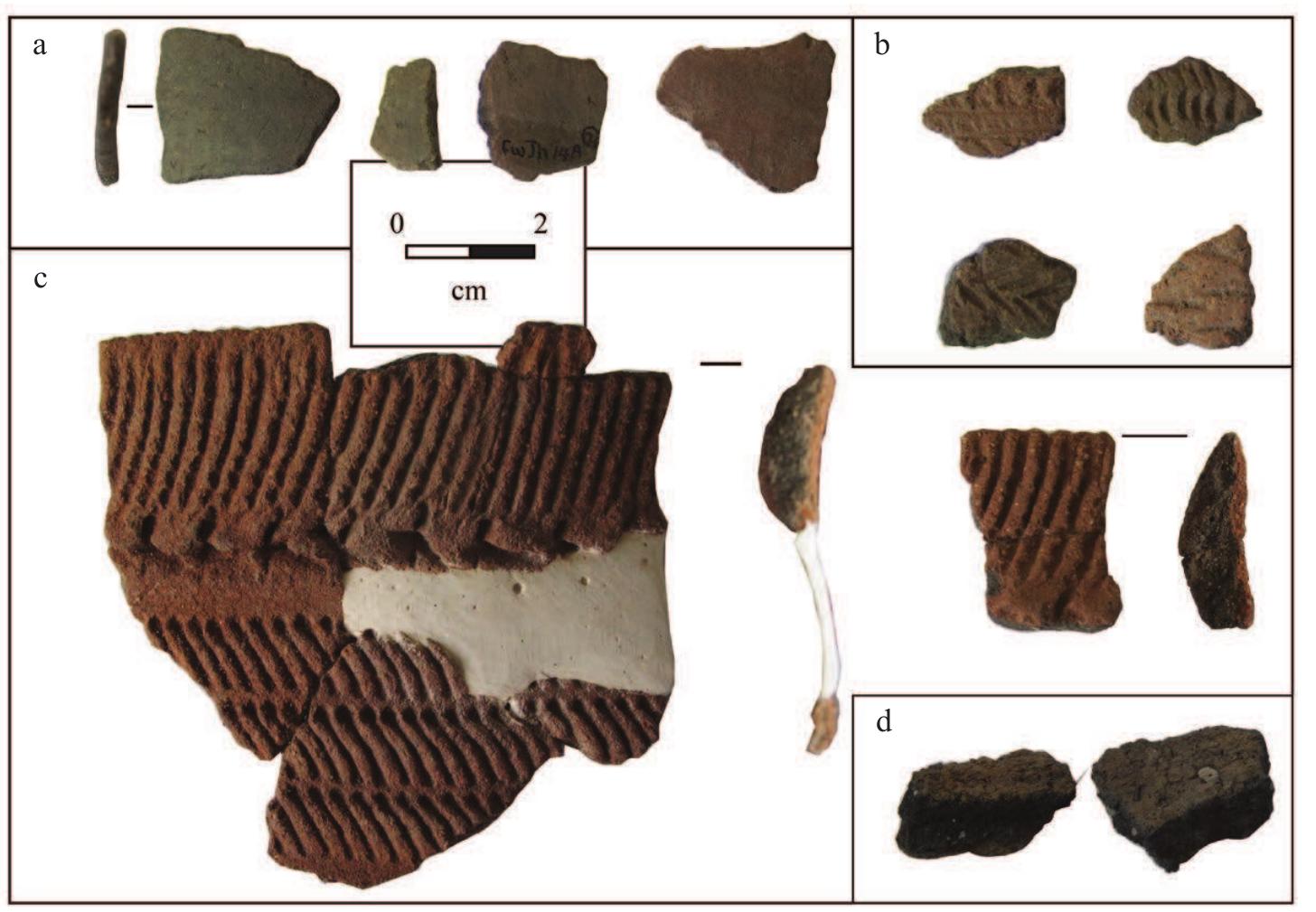 Table 2. Radiocarbon ages generated from archival material analyzed from western Turkana. All ages were calibrated using Version 7.1 of CALIB online software (http://calib.qub.ac.uk/ calib/) sensu REIMER et al. (2013). Calibrated ages are presented at the 2-o confidence interval.  ceramics that did not conform to previously described ceramic typologies for eastern Africa (BOWER et al. 1977; WANDIBBA 1980; SOPER 1989). Similarly, lithics were primarily microlithic flakes and tools such as scrap- ers made on locally available chert and obsidian, which are common in the toolkits of Later Stone Age (LSA) sites from across the Rift Valley (Bower et al. 1977; Bower 1991; AMBROSE 1998; BARUT-KUSIMBA 1999).  for what appears to have been a vegetal temper such as grass or dung. Several non-diagnostic, undecorated sherds are much thinner, one of which has unidentified white mineral inclusions. Other sherds exhibit a vari- ety of decorative motifs, including one with an incised herringbone pattern. One heavily weathered rim with a reddish sandy paste appears to be from an open-mouthed jar and has a comb- or rocker-stamped decorative motif. Two stone bowl fragments and grooved sherds (Fig. 3) were also recovered at the nearby site of Kaeri Akak ITA FwJh12A). Kalemuchuch Cairn (GbJd1D) included thin-bodied ceramic vessels similar to what was recov- ered from Kaerdit (Fig. 3). Thin-bodied sherds were also found in the fill at the Kalokol Pillar Site (HILDEBRAND ef al. 2011), but the assemblages from Kalemuchuch Cairn and Kaerdit are too small and fragmented to draw ad- ditional conclusions. Kalemuchuch Cairn was excavated and included in situ human remains interred with a large jar decorated with coils applied to the exterior surface of the vessel (Fig. 4). This vessel type was also reported from the Mount Porr region on the southeast side of Lake Turkana (WRIGHT & FORMAN 2011), although originally described as “corrugated.”  