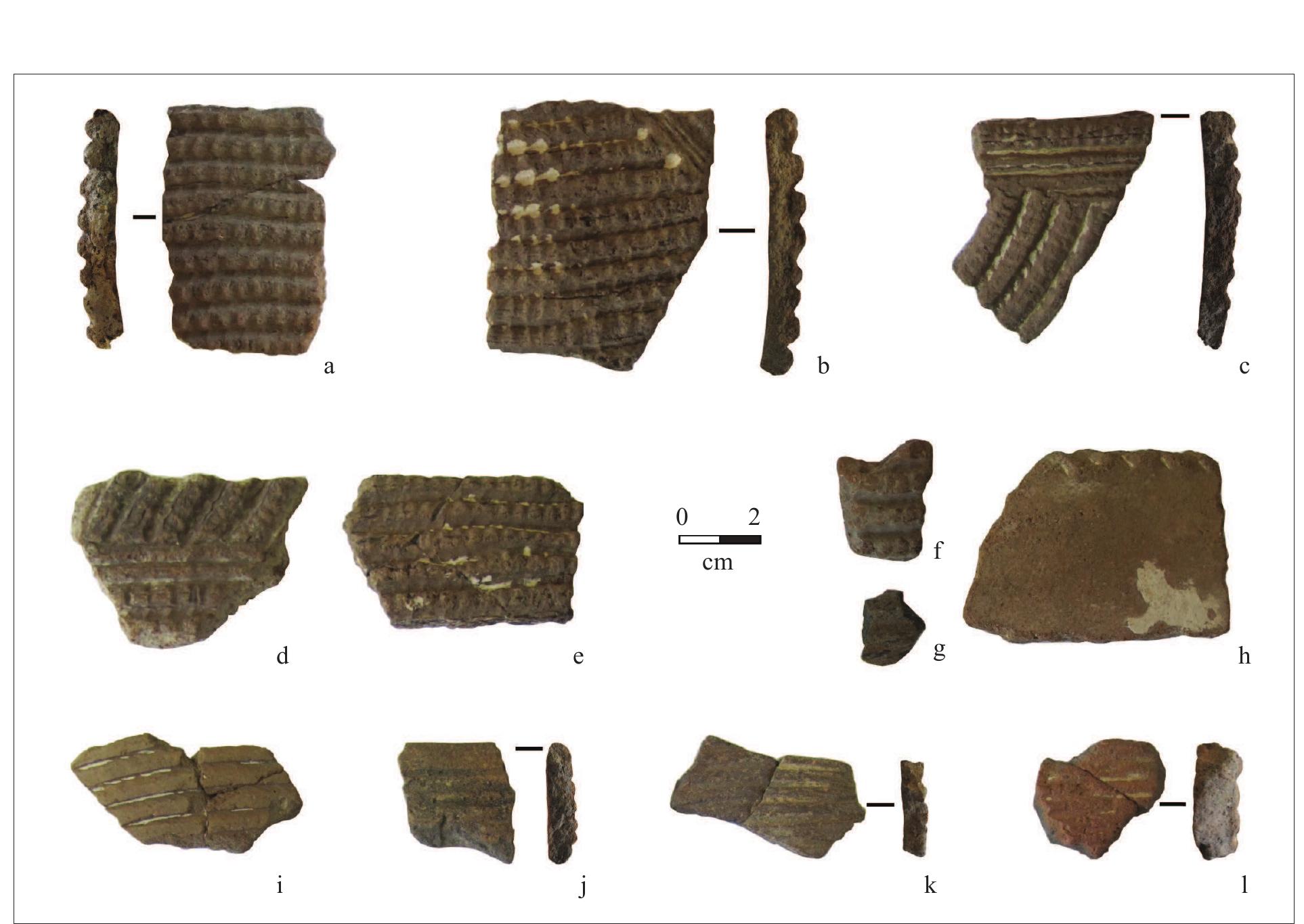Figure 5. Cairn structures (according to Davies 2013) from western Turkana: (a) kerbed at Kalemuchuch, (b) simple at Morung’ ole and (c) ringed at Ng’ ikirereto. (Photos: R. Soper).  Figure 6. Abalete Akoit (FwJh16A) (a—b) Decorated sherds from the ground surface. (c-g) Decorated sherds from Unit A, 0-10 cm below ground surface. (h) Unit A, 0-10 cm below ground surface, rim with pinched design on top edge. (i-l) Grooved/incised sherds from the ground surface. 