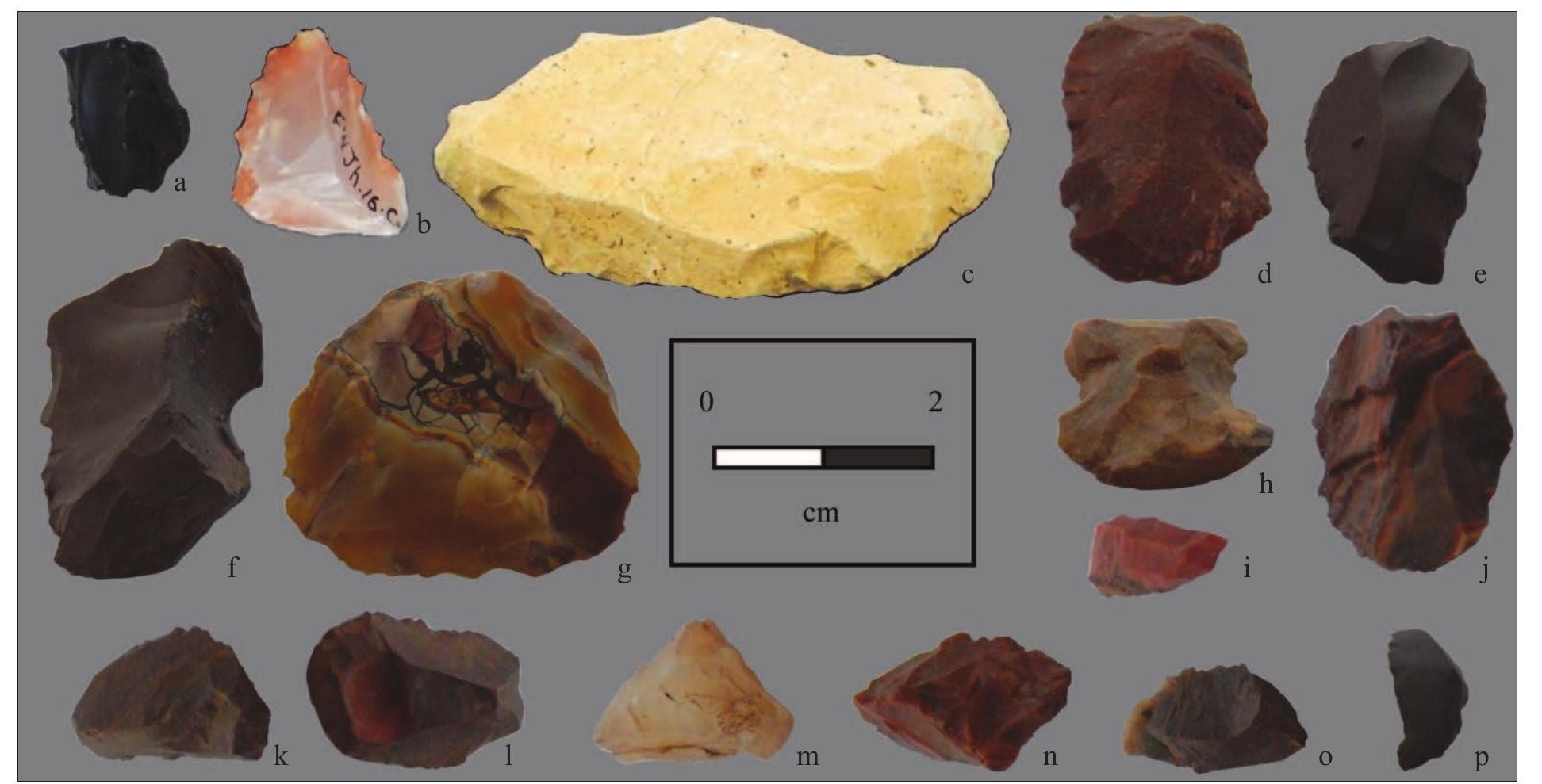 Figure 7. Lithic scrapers and crescents from western Lake Turkana. All artifacts are general surface finds unless otherwise noted. (a) Black chert scraper from Abalete Akoit (FwJh16A). (b) Chalcedony steep backed scraper from Abalete Akoit (FwJh16B), Area C. (c) Sandstone side scraper from Kawalathe III (FxJg1). (d) Jasper scraper from Lowarengak IV (FwJh6). (e) Chert scraper from Ng‘ikirereto NE Cairn (GaJd3). (f) Chert nose scraper from Kalemuchuch Cairn (GbJd1A), Area C. (g) Chalcedony scraper from Kalemuchuch Cairn, Area C. (h) Chert scraper with side notches for hafting from Kalemuchuch Cairn, Area C, 0-5 cm below surface (b.s.). (i) Chert side scraper or crescent from Kalemuchuch Cairn, Area C, 5—10 cm. (j) Banded chert nose scraper from Kalemuchuch Cairn, Area C, 0-5 cm b.s. (k) Chert scraper or crescent from Kalemuchuch Cairn, Area C, 5—10 cm b.s. (1) Chert scraper from Kalemuchuch Cairn, Area C, 5—10 cm b.s. (m) Quartz backed scraper from Kalemuchuch Cairn, Area C, 5-10 cm b.s. (n) Jasper backed scraper from Kalemuchuch Caim, Area C, 5—10 cm b.s. (0) Crescent from Kalemuchuch Cairn, Area C, 5—10 cm b.s. (p) Black chert scraper or crescent from Tarech Cairn (GbJd3B/C).  Grooved sherds from Kaeri Akak and Abalete Akoit resemble “Turkwel” ceramic traditions (LYNCH & Roppins 1979; Ropsins 1984), but variability in manufacturing techniques associated with grooved sherds observed in the present assemblage was too great to assign them to a coherent “tradition”. Un- decorated, thin-walled sherds were also recovered in abundance from surface contexts and Kalemuchuch Cairn and Kaerdit. In general, the ceramics are all in- terpreted as “post-Nderit” assemblages on the basis of radiocarbon ages obtained and their position as surface scatters on the post-4500 year BP strand plain, which occurs below 460 m a.s.1. (Fig. 1). No similarities in either manufacturing technique or decorative motifs were documented between the western Turkana as- semblages and Nderit traditions. Lithic tools were primarily scrapers/processing tools (Fig. 7) commonly found in PN assemblages from elsewhere in the Tur- kana Basin (e.g., RoBBINS & LyNcH 1978; ROBBINS 1980; BARTHELME 1985), but the lack of temporally-  Since excavations of cairns were not made dur- ing the 2008 fieldwork — only site locations were 