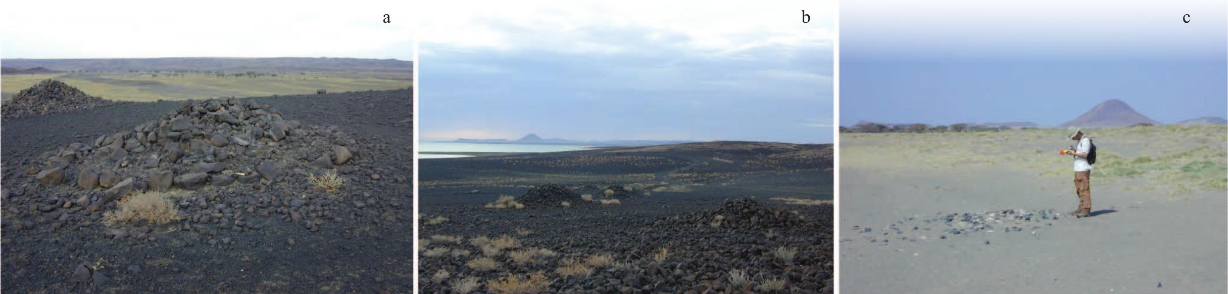 Figure 9. (a—b) GeJk29 cairn photos. (c) Two highly degraded cairns close to the shoreline of modern-day Lake Turkana. 