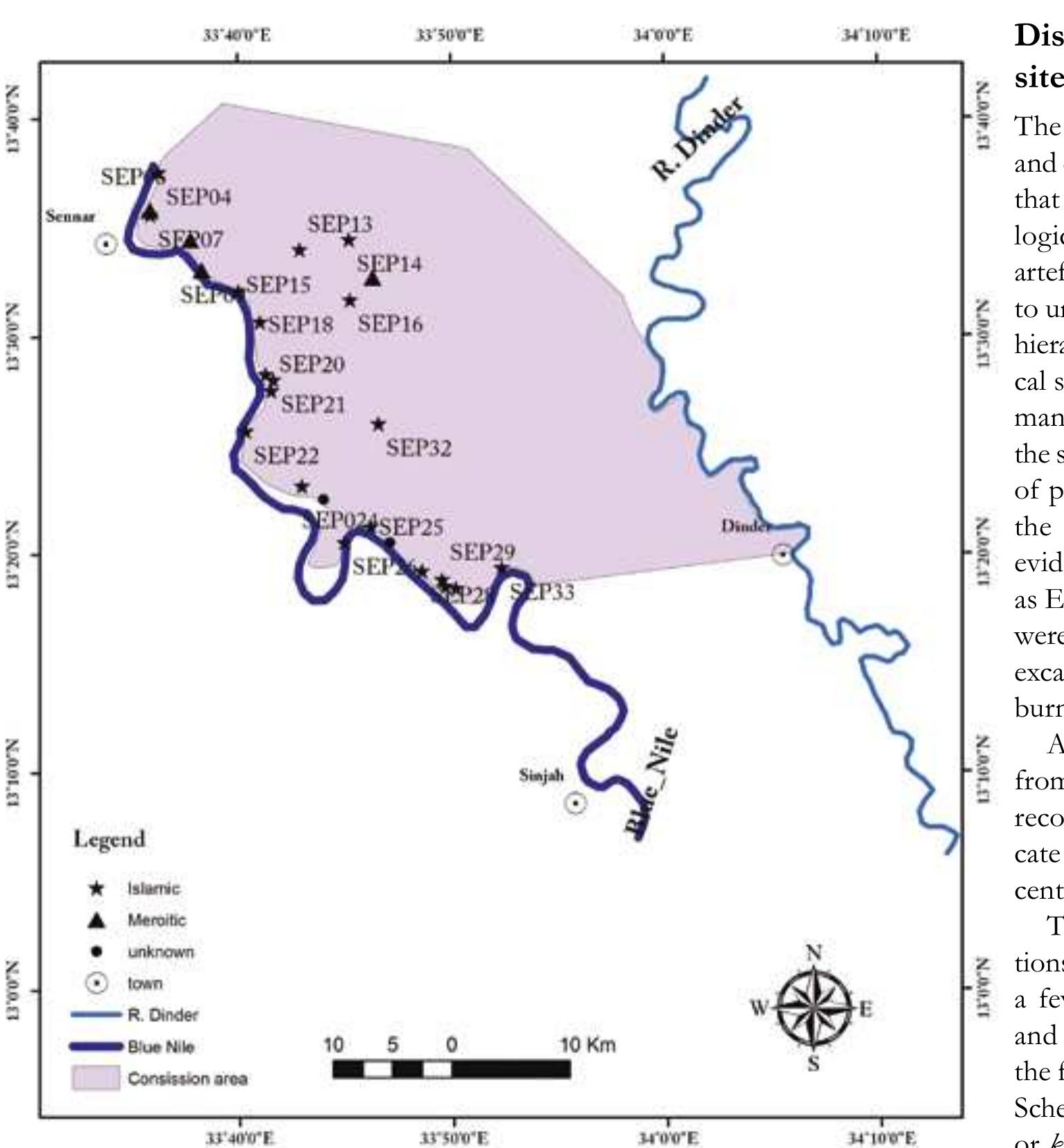 Figure 2. GIS map of archaeological sites discovered in Sennar East (drawing: Jadeen 2016). recorded and many archaeological features described. The results of this fieldwork allow a wider understanding of the extension of the Fung kingdom. Our knowledge of Qarti village and remains of defensive camps was limited to the fact that the south of Sabaloka was the area of Abdallab movement from the Khartoum province to the Butana and the north (Crawford 1951, 51; Chittick 1963, 268).