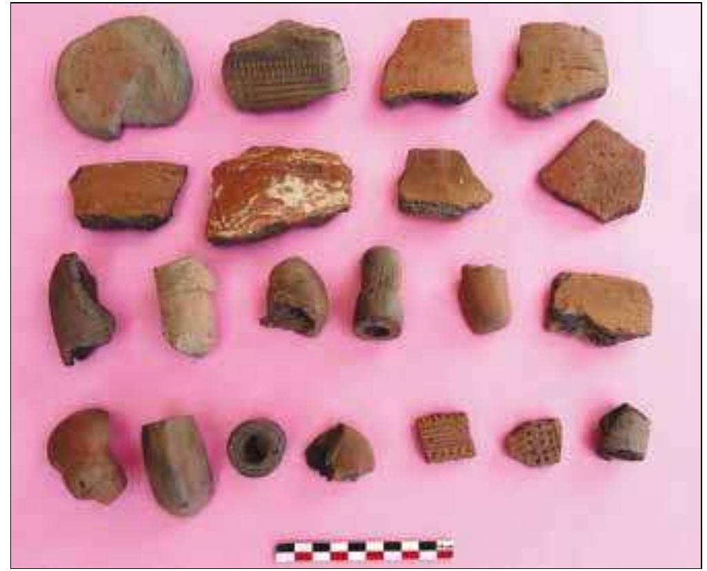 Plate 1. Pottery sherds and clay smoking pipes from site SEO7 (photo: Nassr 2016). of huts or fire places. One site of this type is SE21 where there are remains of small rooms delimited by mud-brick walls and fire places (Plate 3).