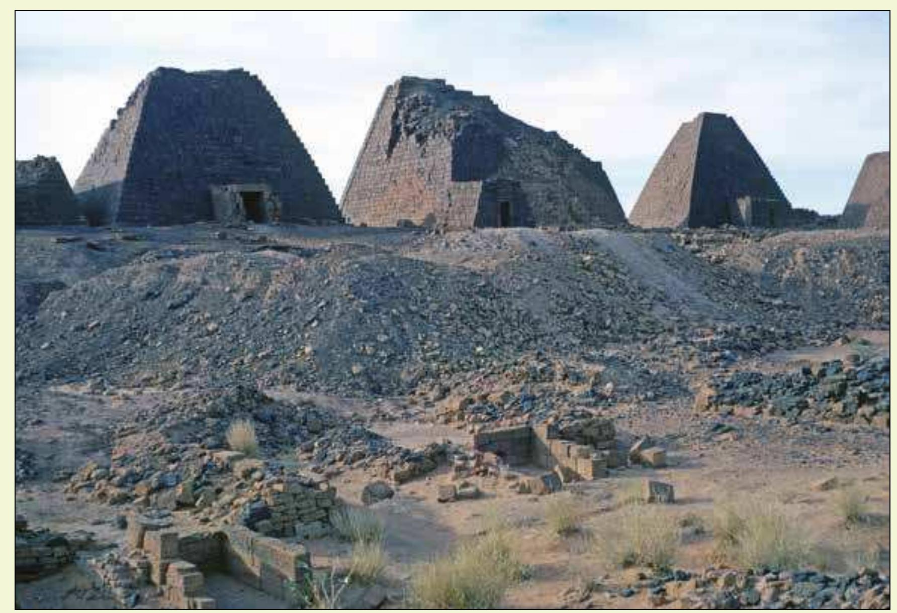 Pyramids in the North Cemetery at Meroe photographed by Tony Bonner, a member of the University of Khartoum’ excavation team working in the town under the direction of Prof: Peter Shinnie, December 1968-March 1969 (photo: SARS Bonner Archive, BON $003.08).