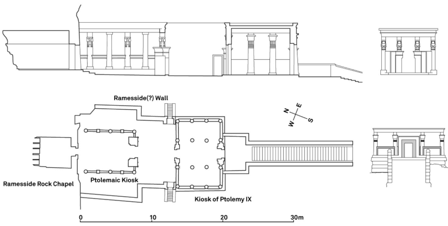- on the left, section and plan of the ptolemaic hemispeos.