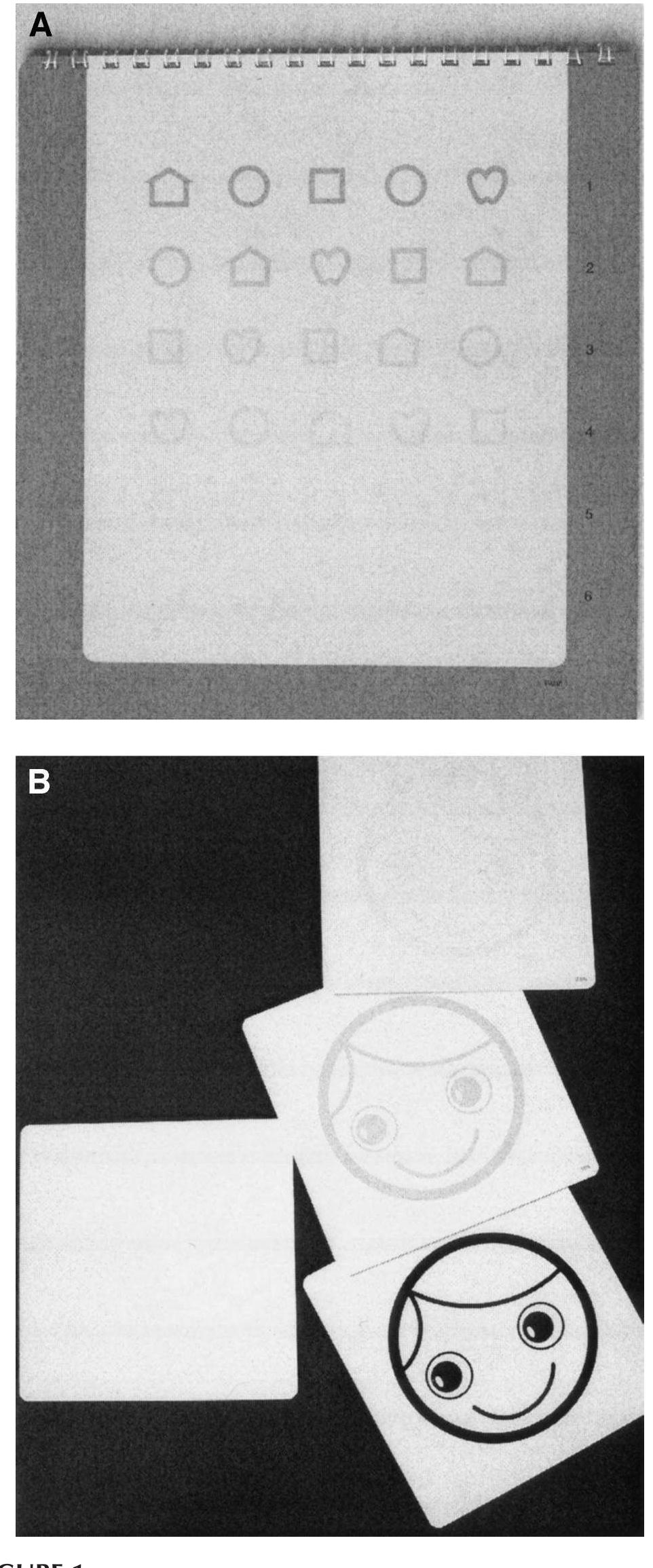 A: the lea low-contrast symbols. b: the hiding heidi test.