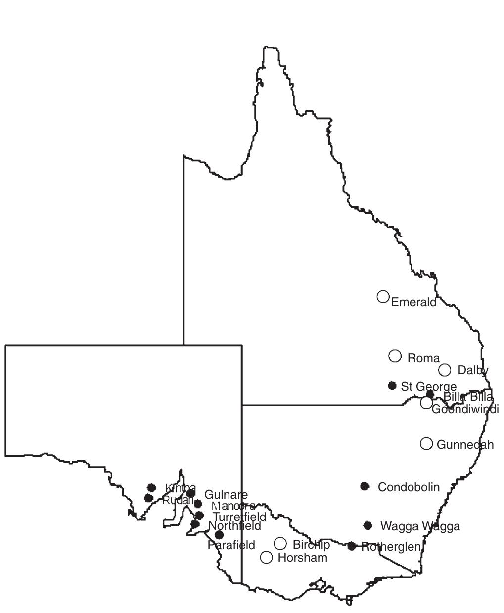 Map of eastern australia indicating the locations used in