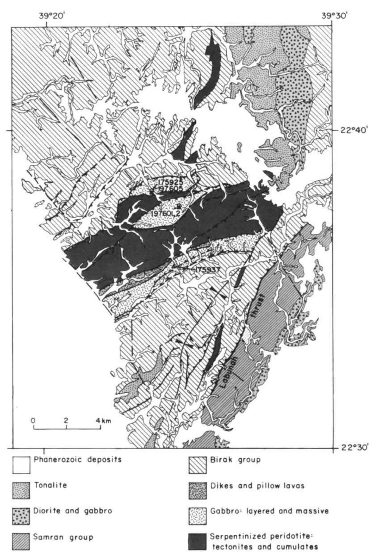 Geologic map showing sample localities at the jabel ess