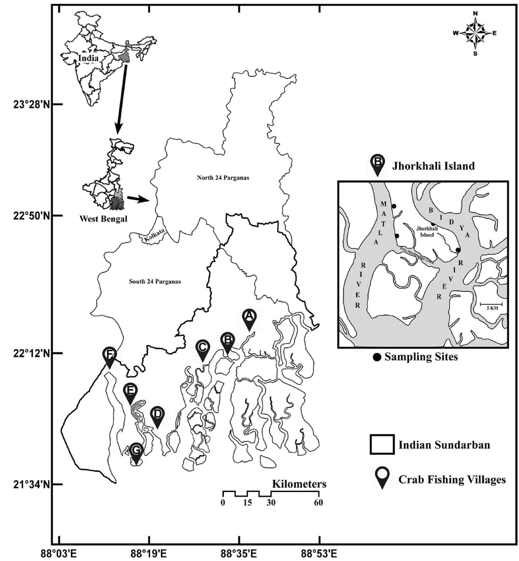 Map of indian sundarban, showing the geographic locations of