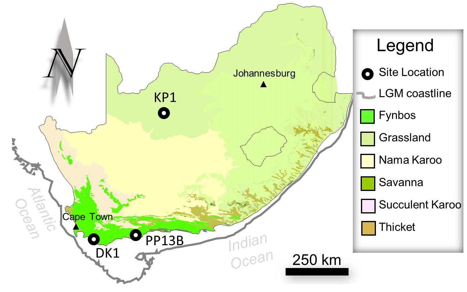 Fig 1. Map of site locations and vegetation regimes in South Africa.
