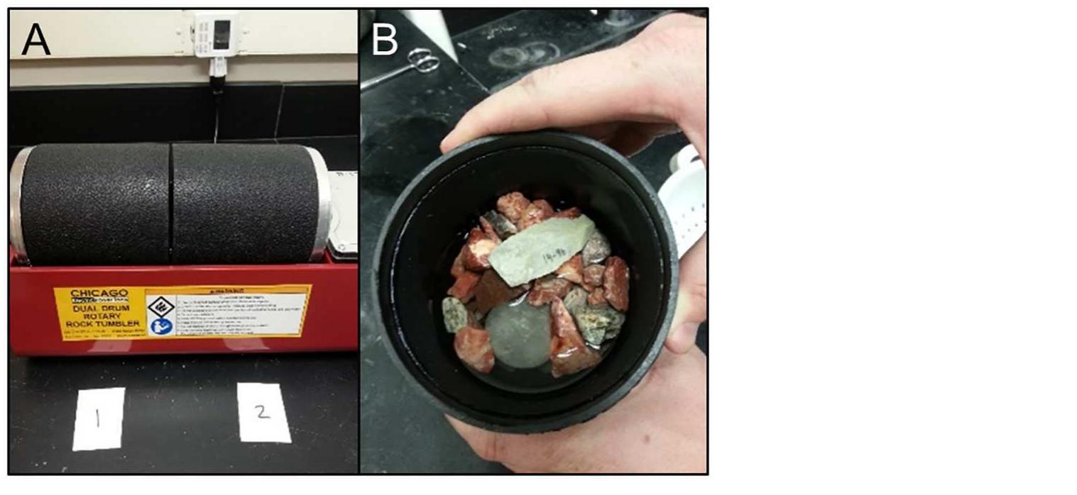 “ig 7. Rock-tumbler experimental setup. A) Two drums and digital timer to control tumble duration. B)
drum with water, gravel, quartz stone matrix.

