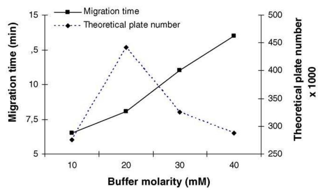 Effect of buffer molarity on migration time and theoretical