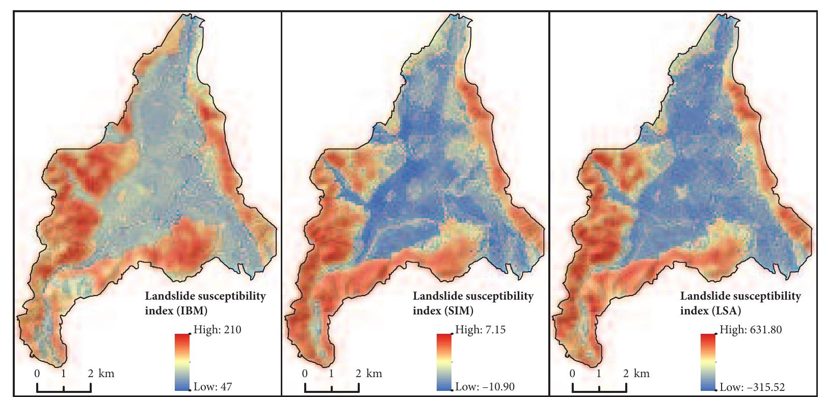 Landslide susceptibility index maps of the study area