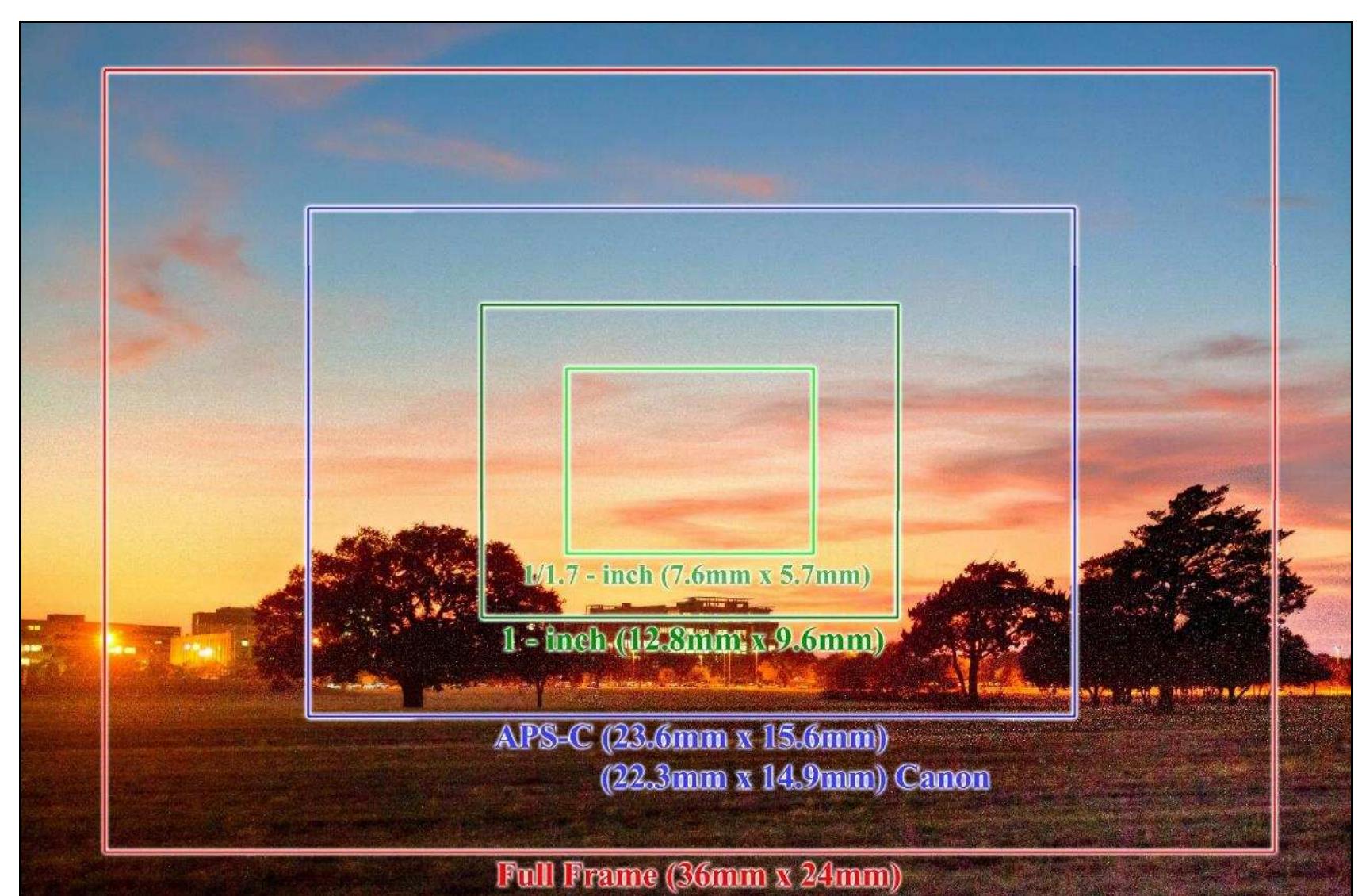 Figure 2-2. Difference of coverage areas based on sensor sizes (From outside: Full Frame (Professional DSLRs), APS-C (Advanced Amateur DSLRs), 1-inch (Higher-End Compacts), and 1/1.7-inch (Compact Cameras). (Image: Y amafune)  photogrammetry.  Single Lens Reflex cameras (DSLRs) are recommended for underwater photography and 