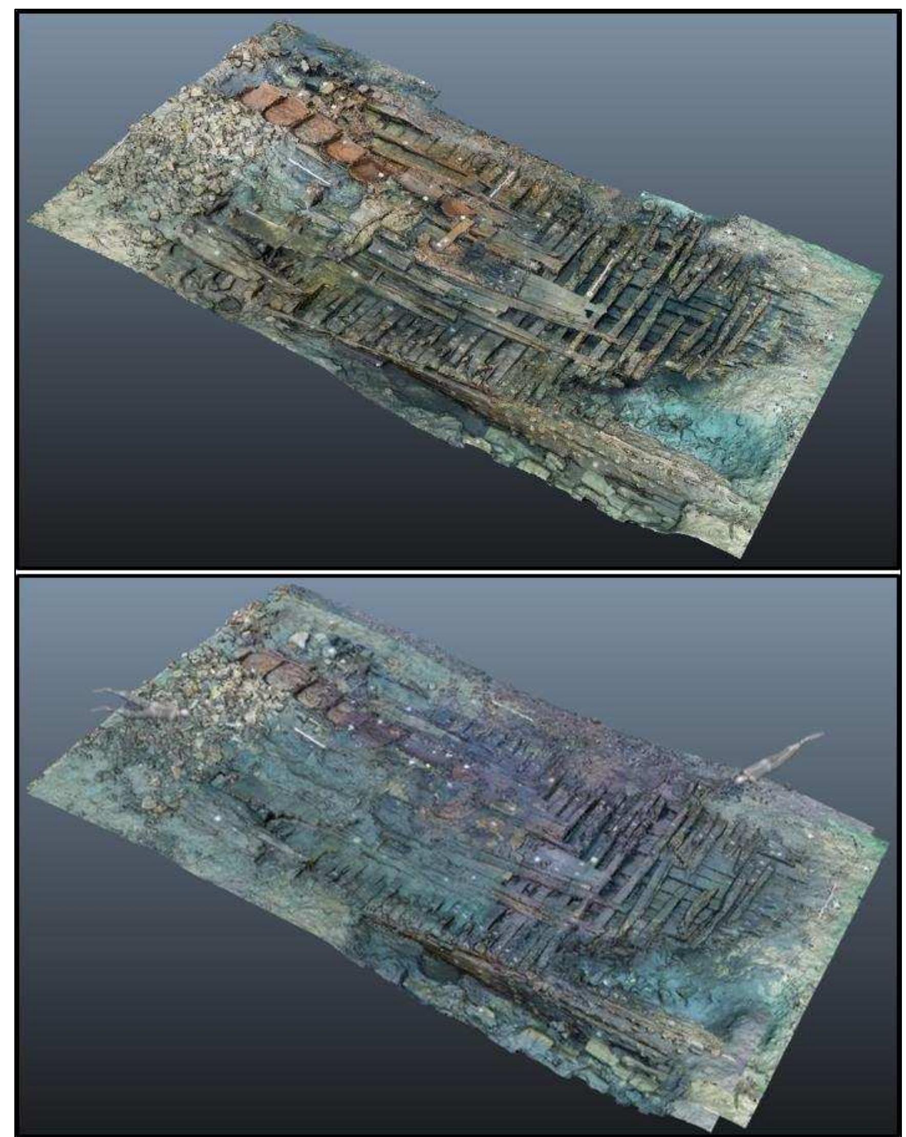 Figure 2-3. Photogrammetric models of the Gnalié shipwreck site (based on photos with/without strobe lights). The top model is based on photos taken with strobe lights (photos taken between August 4th and 13th 2014), and the bottom photogrammetric model is based on photos taken without strobe lights (photos taken on July 18th 2014). As can be seen, the left model has more original colors of materials than that the  right model. (Image: Y amafune) 