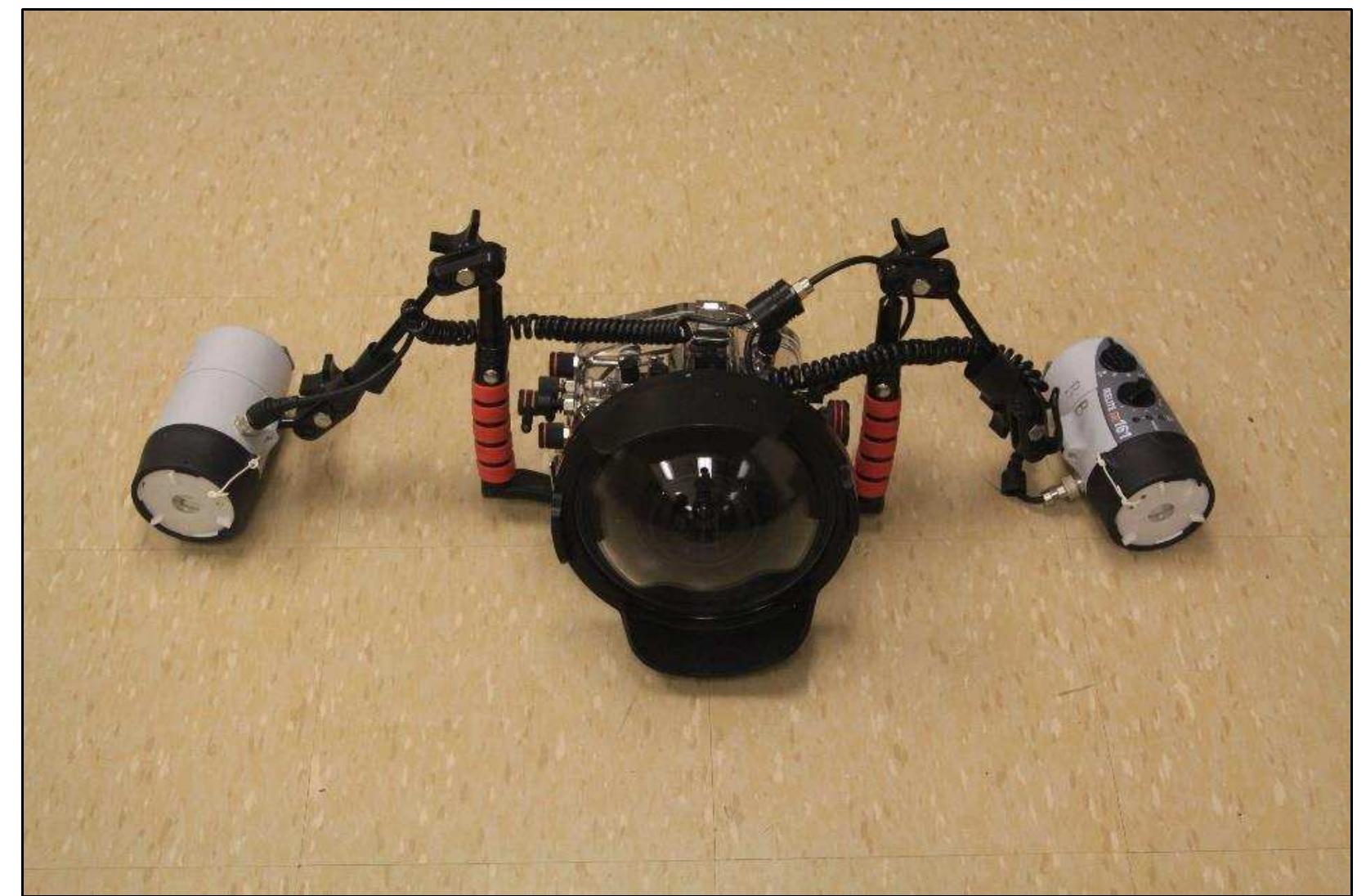 Figure 2-4. Recommended underwater camera equipment. The housing is equipped with two strobe lights and an eight-inch hemispheric dome port. (Photo: Y amafune)  Care must be taken to manage the capacity and duration of strobe light batteries. 