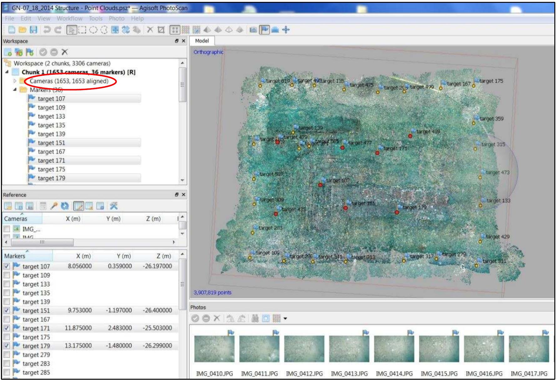 Figure 2-5. Sparse point clouds of the Gnalié shipwreck site on 18 July 2014 in PhotoScan. Number in the red circle indicates that 1,653 photos are aligned from 1,653 uploaded photos. The yellow and red dots on  the point cloud model are coded target locations. Targets with red dots (selected targets) were also used as reference points, which have known coordinates. (Image: Y amafune)  dropped to 804 (49% alignment). 