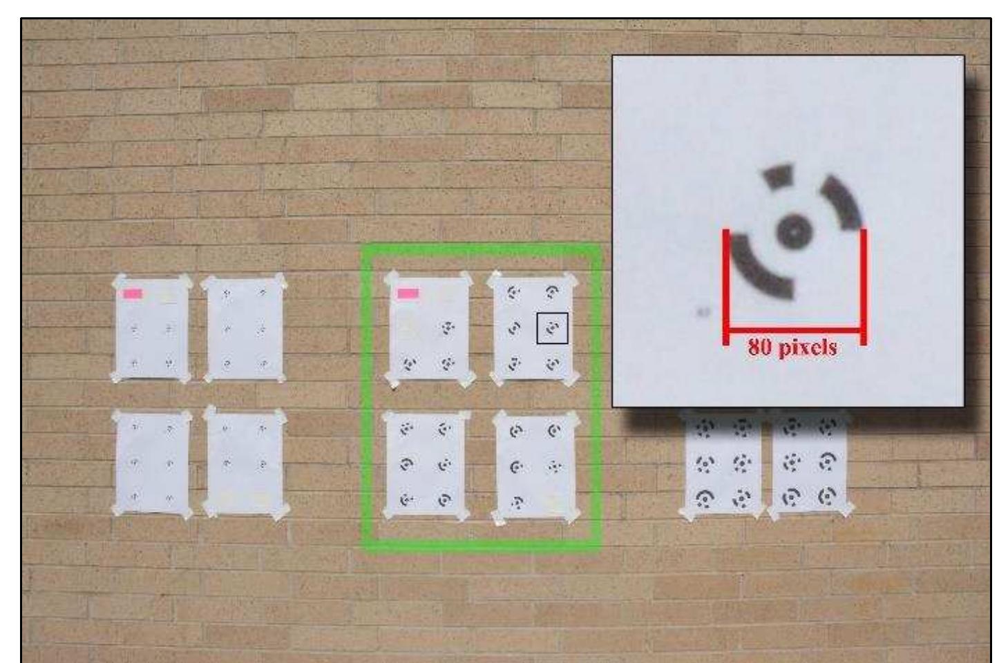 Figure 2-7. Photo of coded targets shown in a minimum recommended size. Photo was taken by a camera with APS-C sensor (with 18 mm Focal Length and 2 m away from the CTs) (6000 x 4000 pixels / 300dpi). The series of targets in the center (7.5 mm center point radius) have 80 pixels at the outer circle. 80pixel diameter is a recommended minimum size for coded targets. (Photo: Y amafune) 