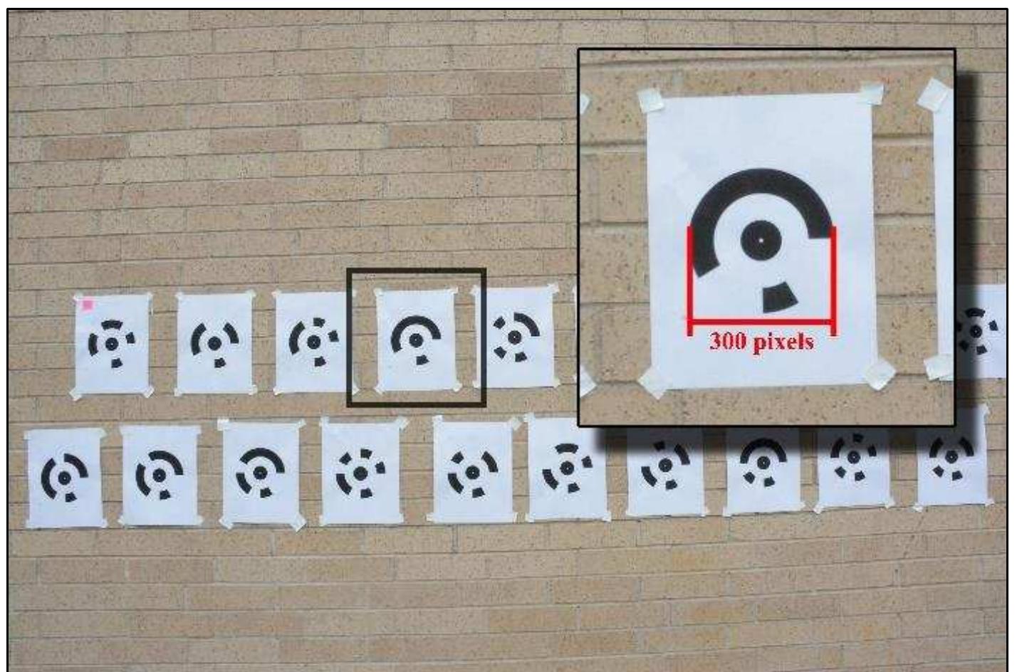 Figure 2-8. Photo of coded targets shown in a maximum recommended size. Photo was taken by a camera with APS-C sensor (with 18 mm Focal Length and 2.0 m away from the CTs) (6000 x 4000 pixels / 300dpi). The targets (20.0 mm center point radius) have 300 pixels at the outer circle. 300 pixel diameter is arecommended maximum size for coded targets. (Photo: Y amafune) 