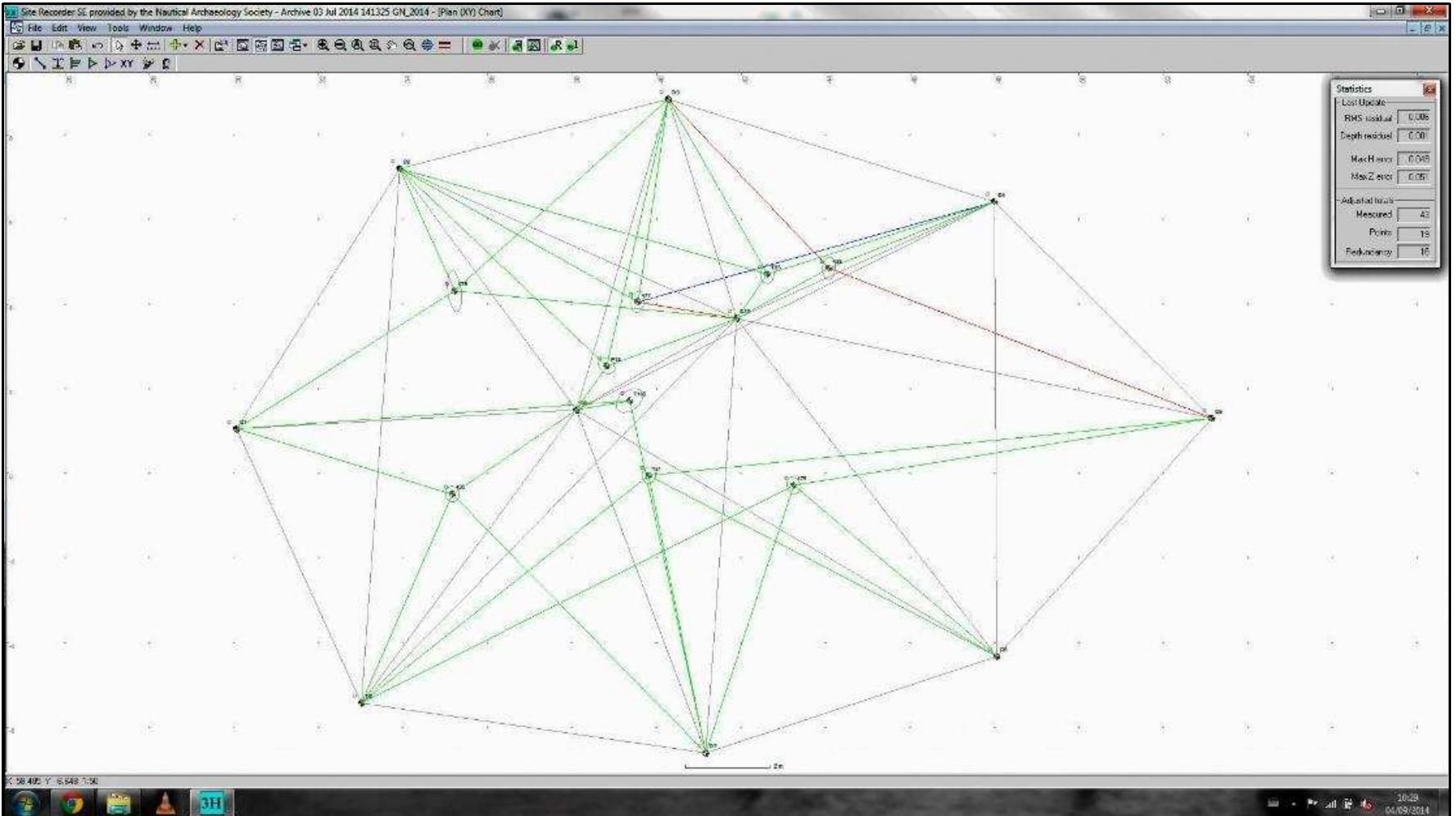 Figure 2-10. Local coordinate network of the Gnalié shipwreck site from 2014 field season (in 3H Site Recorder). (Image: Reprinted with permission from Torres, 2014a) 
