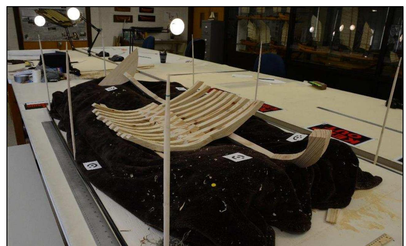 Figure 2-11. Saveiro wooden ship model (1:10 size) for photogrammetry. This model was used for testing different survey methods that correct distortions and scales of a created photogrammetric model. (Photo: Y amafune) 