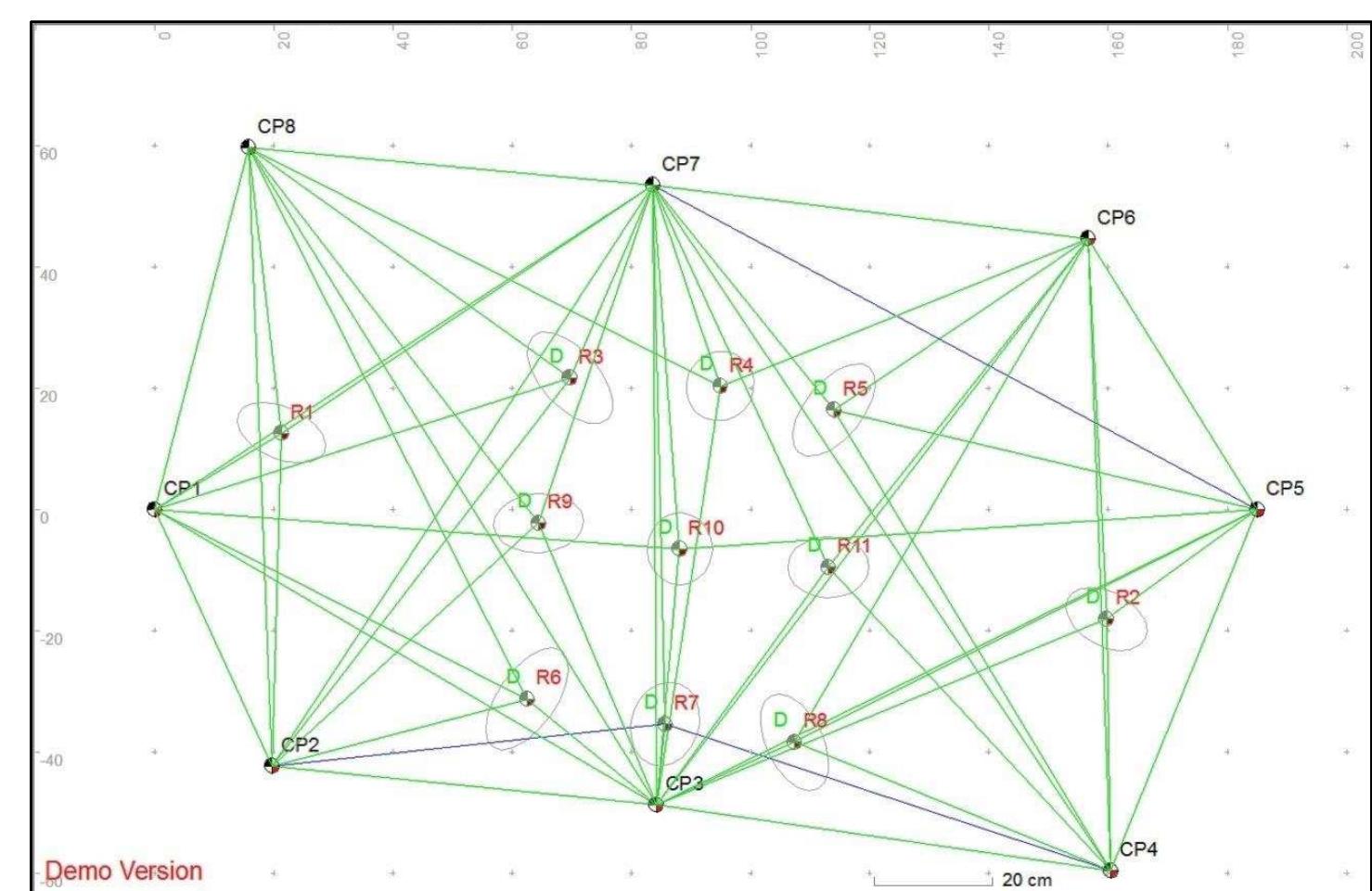 Figure 2-13. The local coordinate network of reference points and control points around the saveiro wooden model (Top view: horizontal plane). (Image: Y amafune) 
