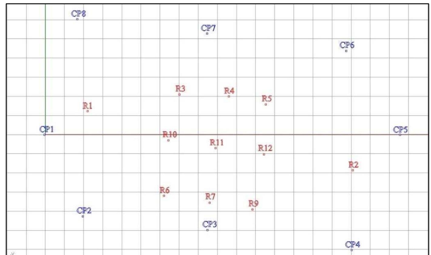 Figure 2-18. Coordinates of the control points and reference points on the saveiro wooden model by total station that were plotted in Rhinoceros 3D CAD software. (Image: Y amafune) 