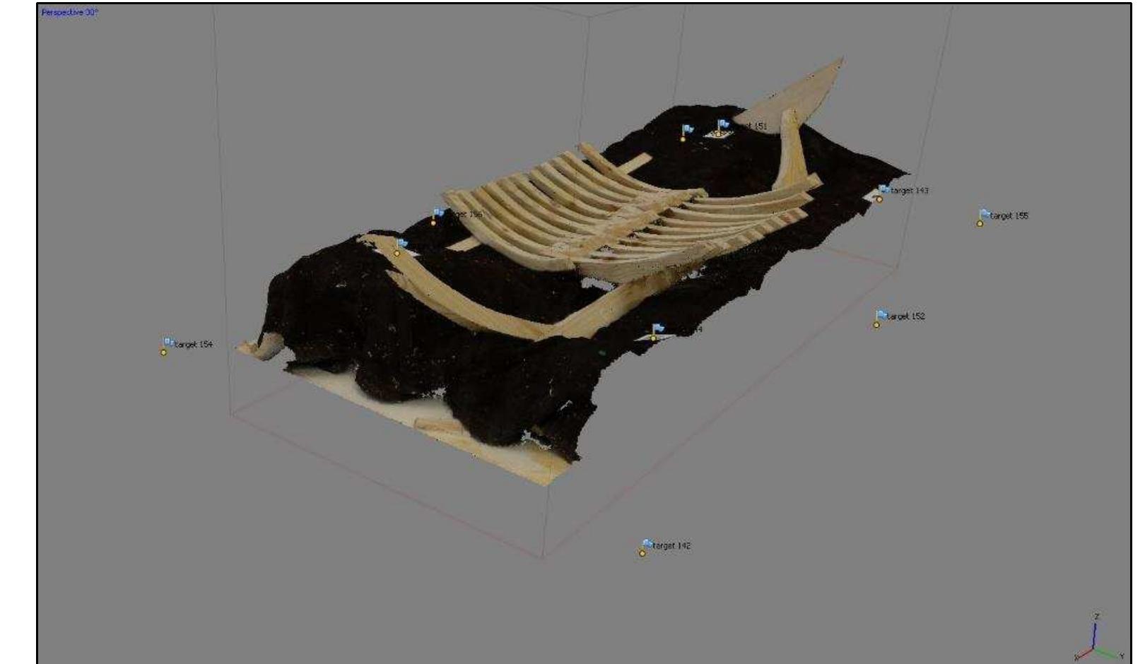 Figure 3-34. Finished Photogrammetric model of the saveiro wooden ship model that is intended for use as a source of archaeological data, or a reconstruction of the original shape of the frames. In order to get better texture, peripheral meshes were removed. (Image: Y amafune) 
