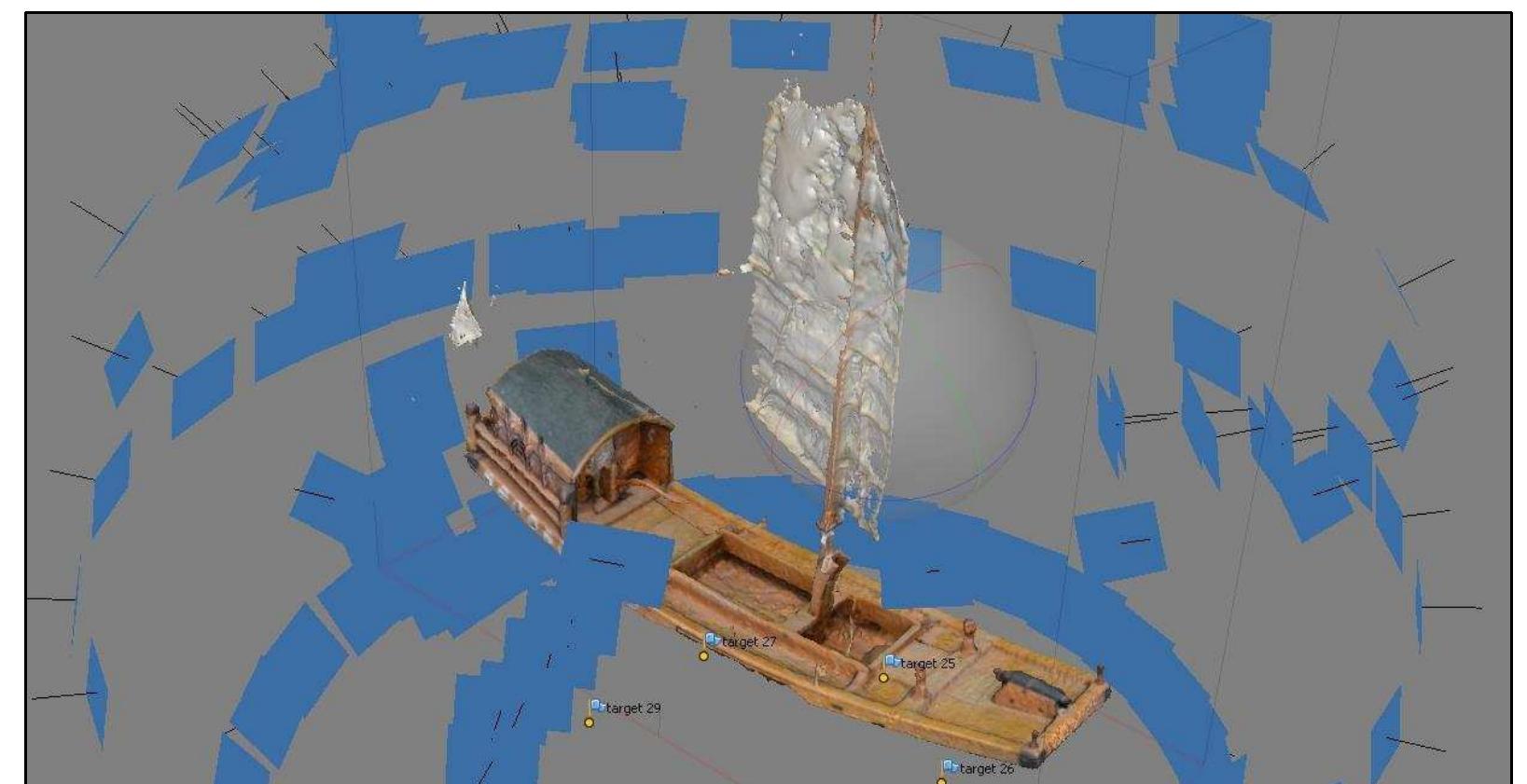 Figure 3-35. Photogrammetric model of a Chinese junk model with unsuccessfully reconstructed sail. Often sails are too thin to be reconstructed by photogrammetric software. (Image: Y amafune)  can be re-imported to PhotoScan at the exact same location as before it was exported. 