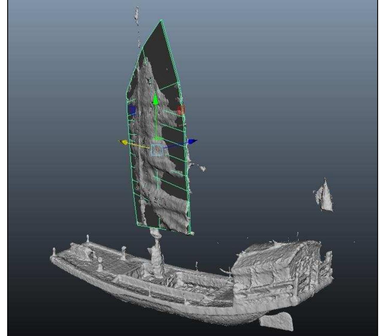 Figure 3-36. Sail of a Chinese junk model reconstructed in Autodesk Maya modeling/animation software. Also, this can be done in other modeling softwares, for instance Rhinoceros 3D CAD modeling software. (Image: Y amafune) 