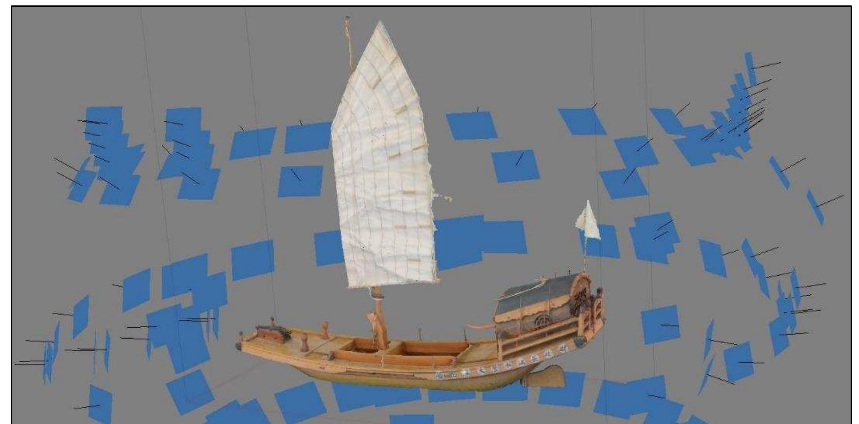 Figure 3-37. Photogrammetric model of a Chinese junk with edited sail after re-importing to PhotoScan from Maya, then “Build Texture” was applied to the model. (Image: Y amafune) 
