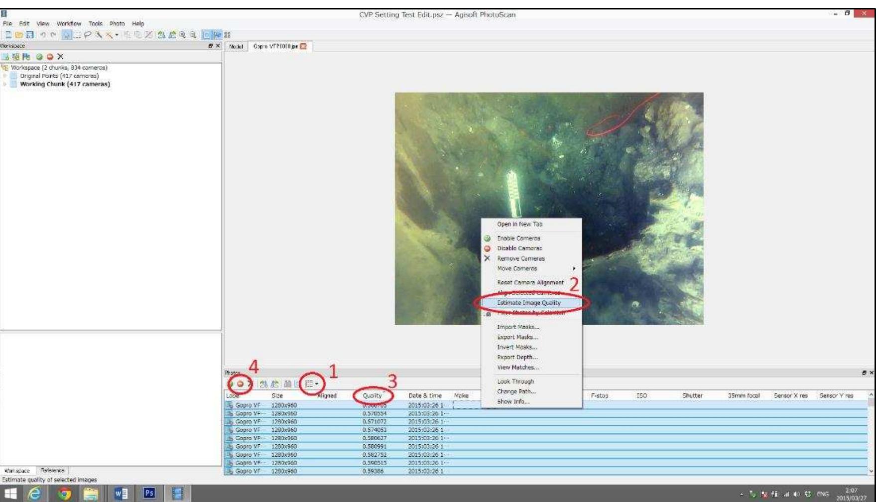 Figure 3-40. Process for removing blurred images in PhotoScan. (Image: Y amafune)  Video Frame Photogrammetry has both advantages and disadvantages. Two 