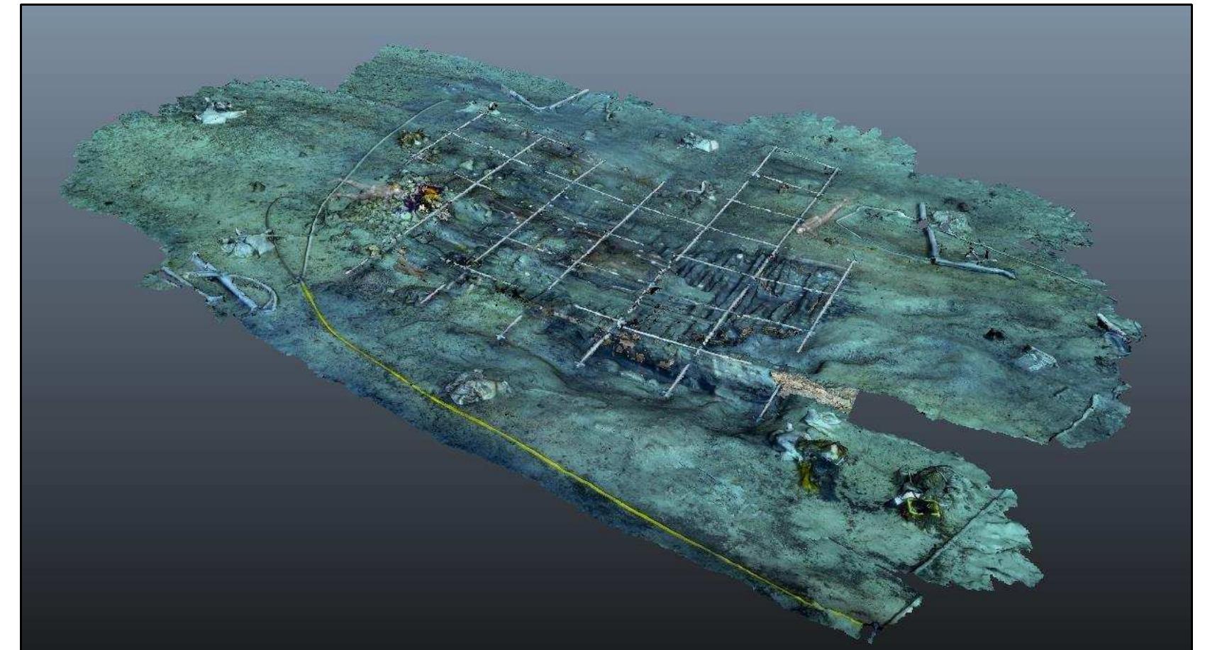Figure 3-41. Video Frame Photogrammetry of the Gnali¢ shipwreck site. Photogrammetric models based on video footage have a much larger coverage area than photogrammetric models based on photos. However, without strong auxiliary lighting, created models tend to have bluish and greenish colored textures. (Image: Y amafune) 