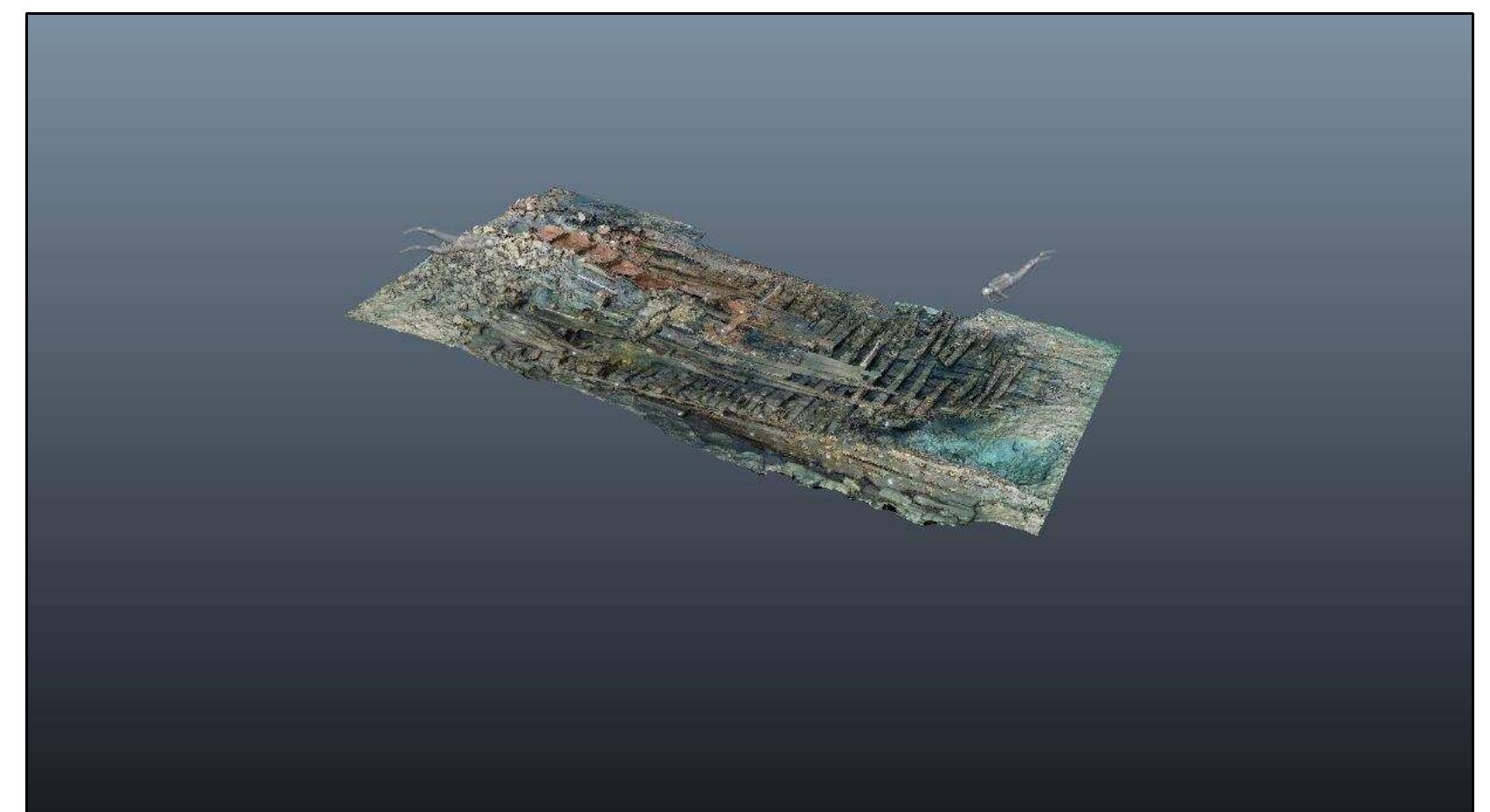 Figure 3-42. Computer Vision Photogrammetry of the Gnali¢ shipwreck site. The coverage area of photogrammetric models is limited because of the nature of photo-shooting. However, created models tend to contain more detailed and diagnostic archaeological information due to their use of high-resolution images. Also, thanks to the use of strobe lights, created models can display more original colors. (Image:  Y amafune) 
