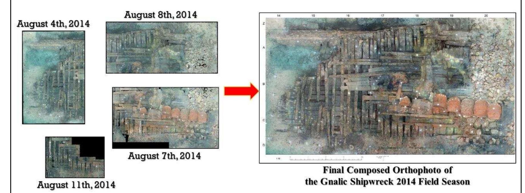 Figure 3-47. Composed Orthophotos of the Gnali¢é shipwreck site from the 2014 field season. As the final result, four orthophotos were produced from different data. These georeferenced orthophotos were merged automatically in ArcGIS software. (Image: Y amafune and Torres) 