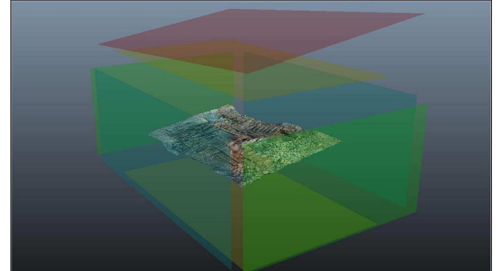 Figure 3-48. Image of the visualized projection planes of orthophotos. The projection plane can be chosen from six different orthogonal directions. Moreover, by controlling the rotation of the photogrammetric model, the projection plane can be made parallel to the archaeological site (the red layer). (Image:  Y amafune) 