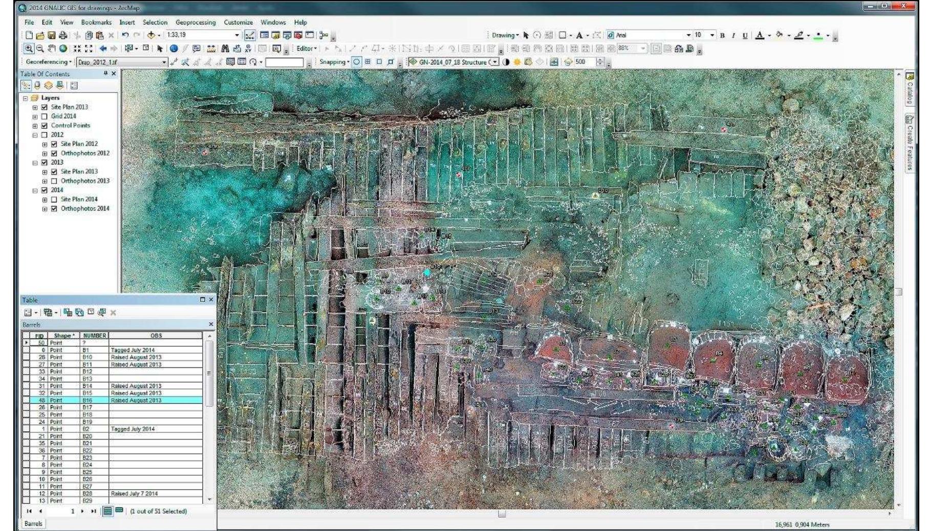 Figure 3-49. The Gnalié shipwreck site in ArcGIS software. All corrected data by the excavation team is connected to georeferenced orthophotos. (Image: Reprinted with permission from Torres, 2014b) 
