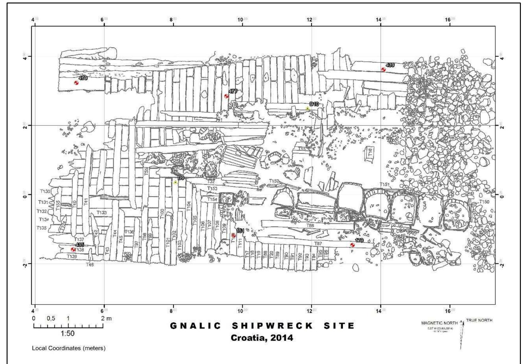 Figure 3-50. 2D site plan of the Gnalié shipwreck based on the 2014 field season. This 2D site plan was produced in ArcGIS mapping software. (Image: Reprinted with permission from Torres, 2014c) 