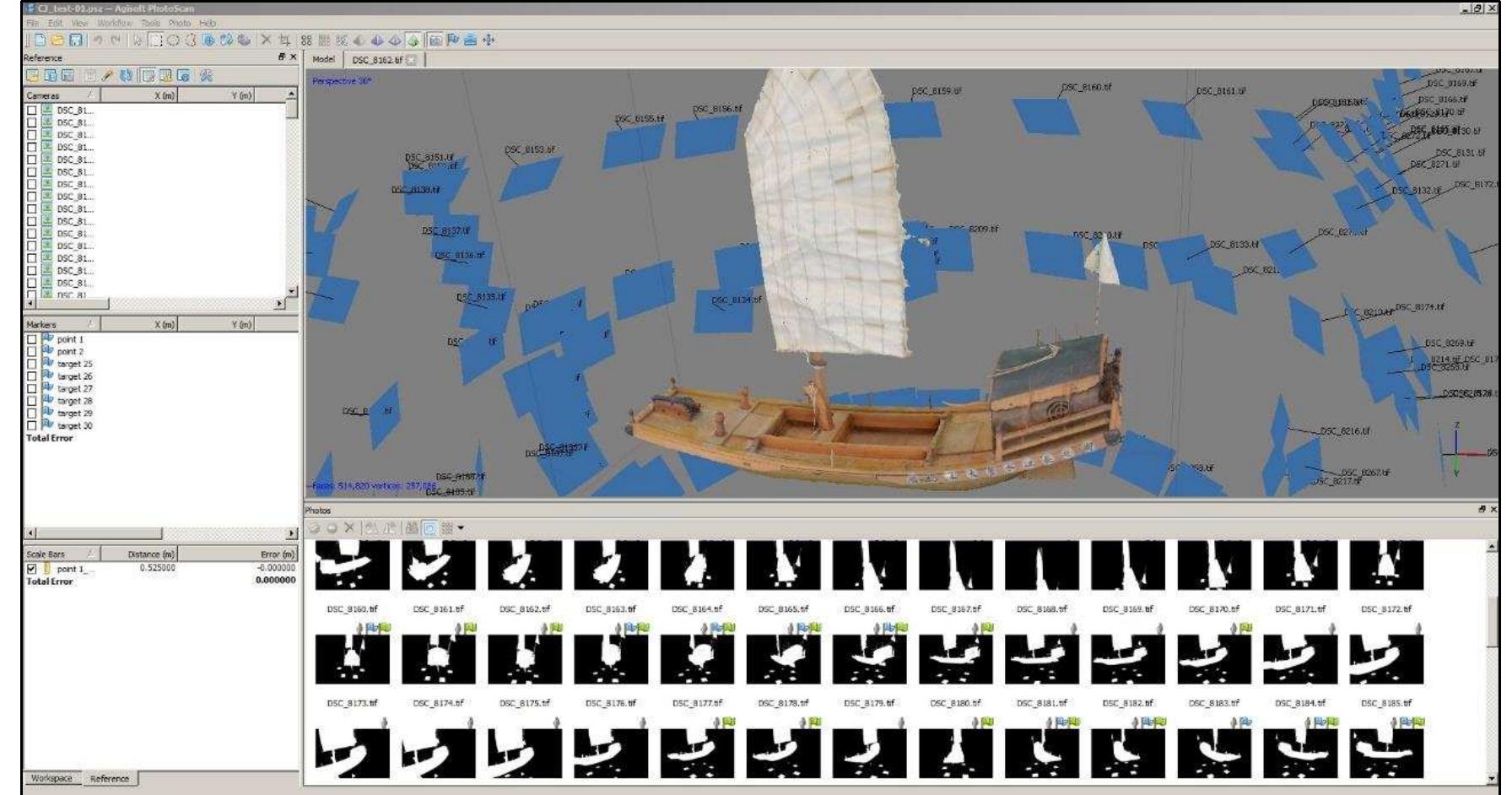 Figure 3-56. Computer Vision Photogrammetry with masked photos. Masked images can be seen in the photo pane on the bottom (the black part of photos were masked). Precise masking improves the quality of photogrammetric models. (Image: Y amafune) 