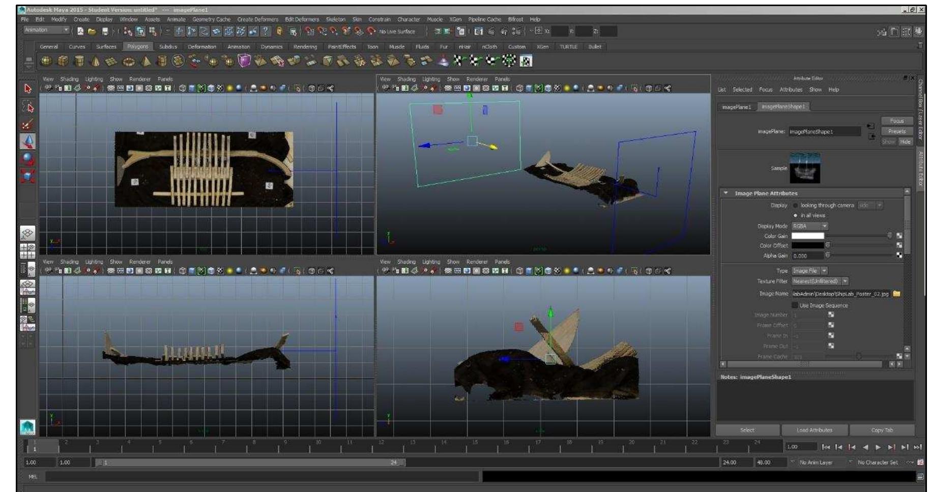Figure 3-60. Imported saveiro’s photogrammetric model in Maya. The screenshot shows orthographic viewports (top, front, side, and perspective views), and Attribute Editor on the right. (Image: Y amafune) 