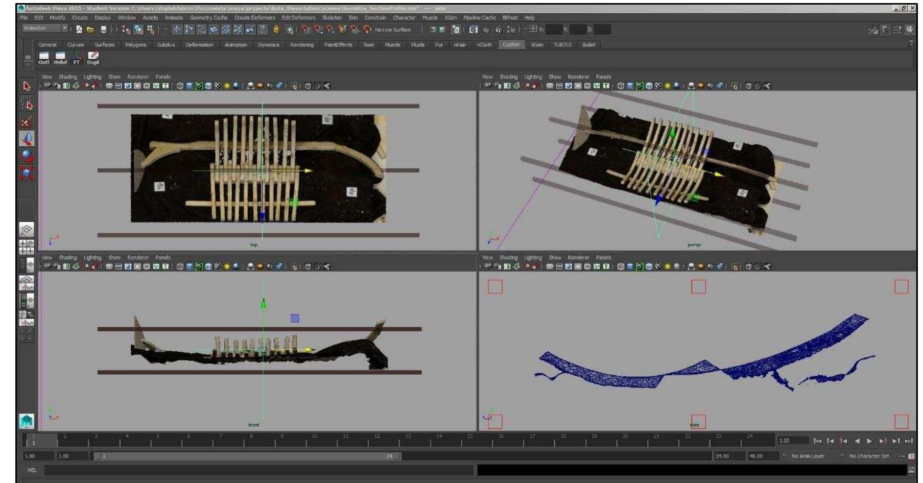 Figure 3-61. Extracting a section profile from the photogrammetric model of the saveiro wooden model in Maya. The side orthographic camera (bottom right viewport) has been customized as a CT scan-like camera. Also six guiding objects are created around the imported photogrammetric model. These cubes are positioned at calculated distances, which will help the captured images be correctly aligned and scaled afterword (Image: Y amafune). 
