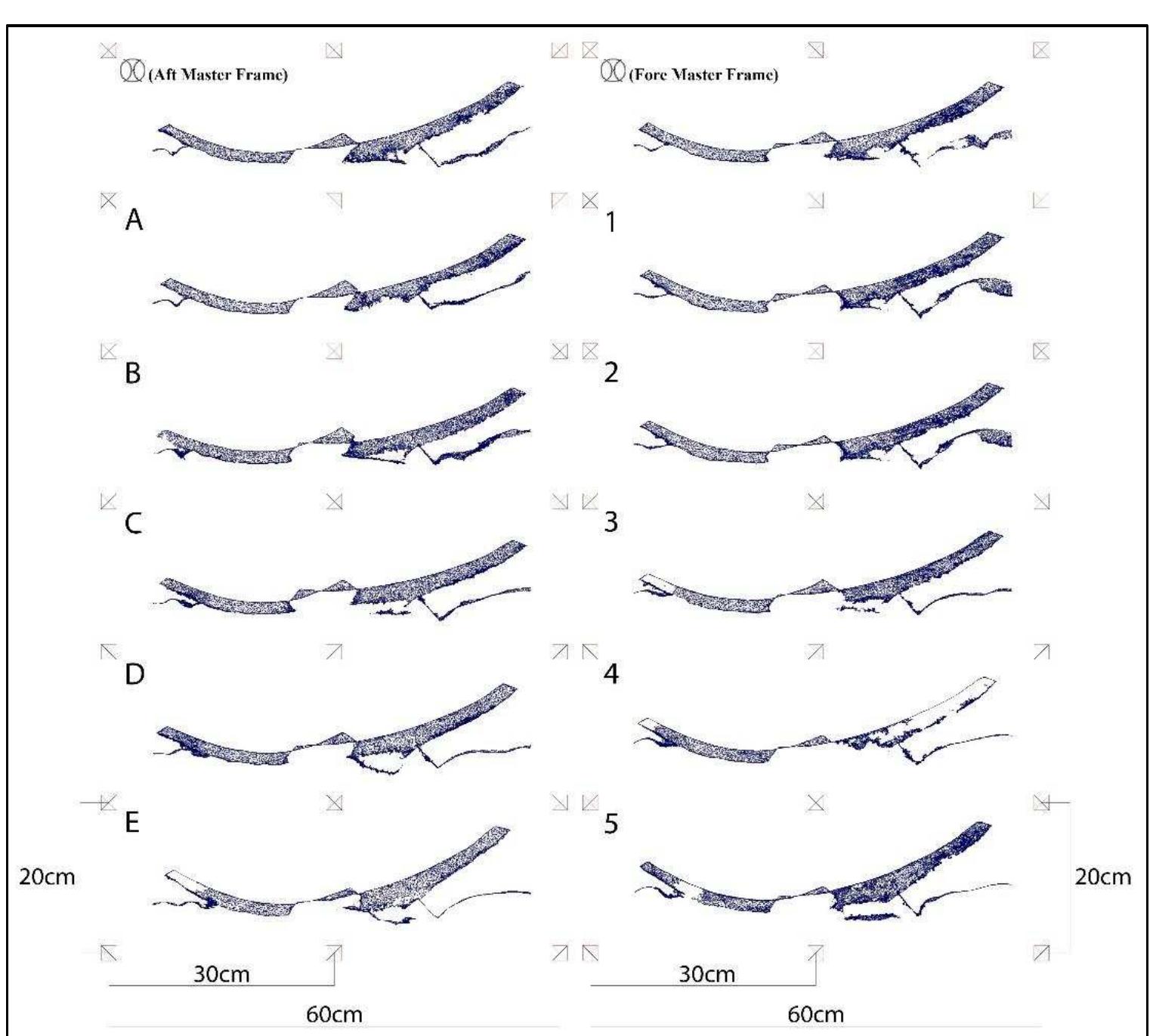 Figure 3-63. Section profiles of the saveiro’s photogrammetric model. The twelve captured section profiles are aligned in Photoshop. (Image: Y amafune) 