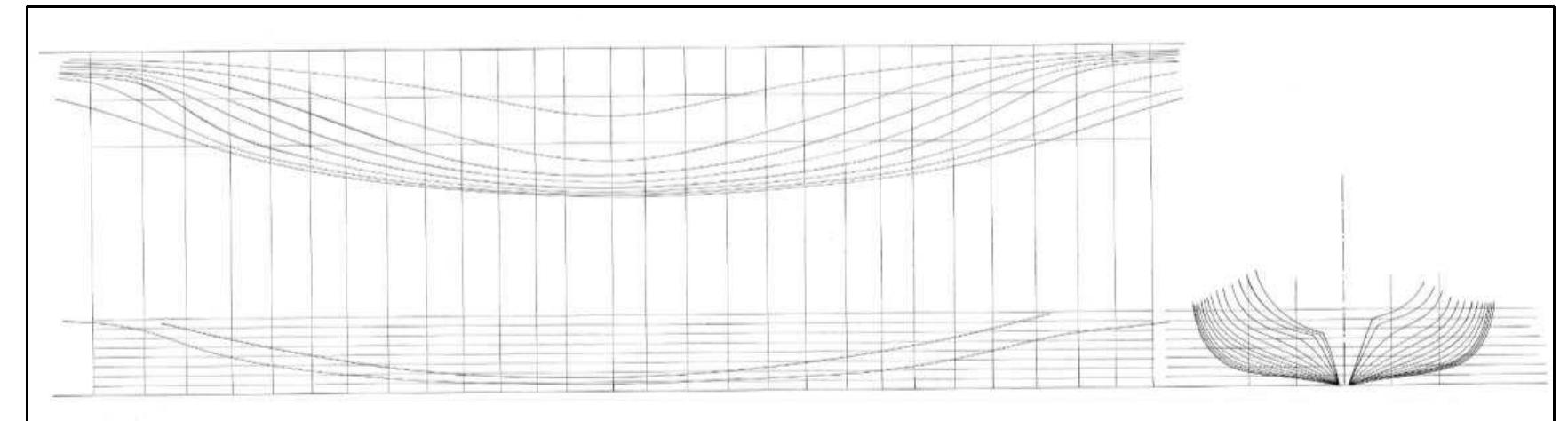 Figure 4-4. Reconstruction of the hull lines of the Cais do Sodré shipwreck. The lines were reconstructet based on timber drawings and total station data. The drawing was done by hand in the summer of 2010. (Image: Y amafune) 