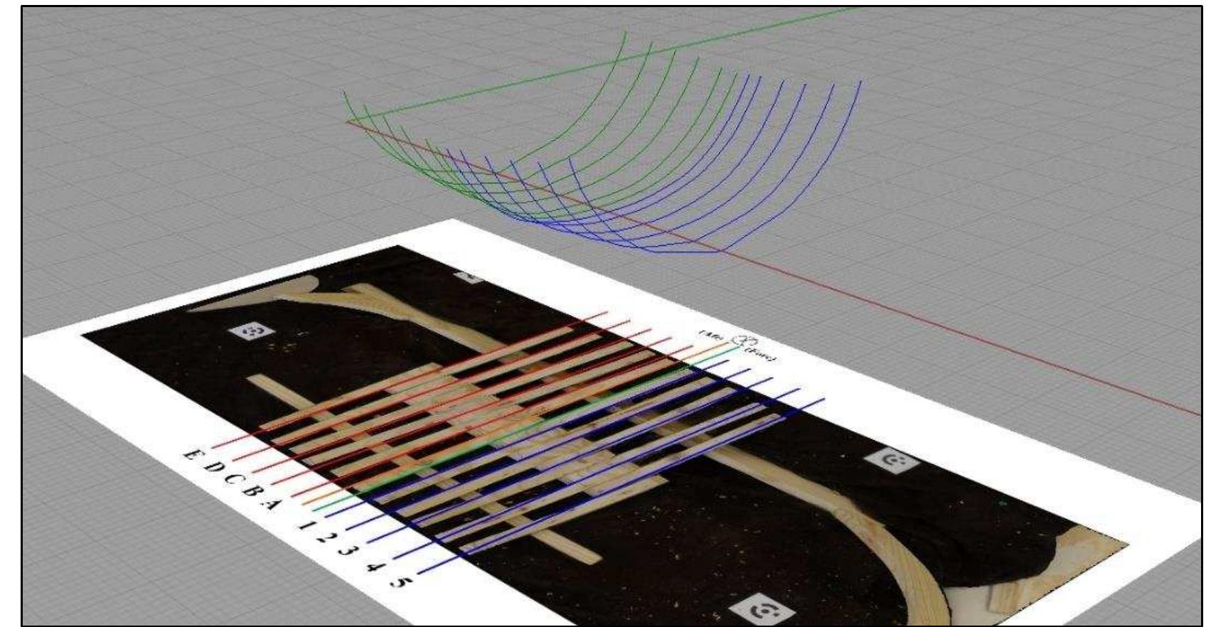 Figure 4-7. Plotted section lines of the saveiro wooden ship model. Reconstructed section lines are placec based on frame positions. (Image: Y amafune) 