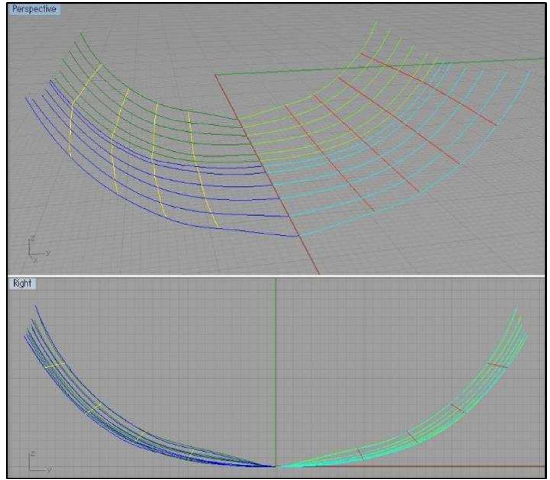 Figure 4-9. Mold-and-Batten Model Fairing in Rhinoceros 3D CAD software. Dark blue and green lines on the left are reconstructed section lines before the adjustment; light green and blue lines on the right are adjusted section lines. Y ellow lines are diagonal lines, or simulated battens, before adjustment, and red lines are adjusted diagonal lines. (Image: Y amafune) 